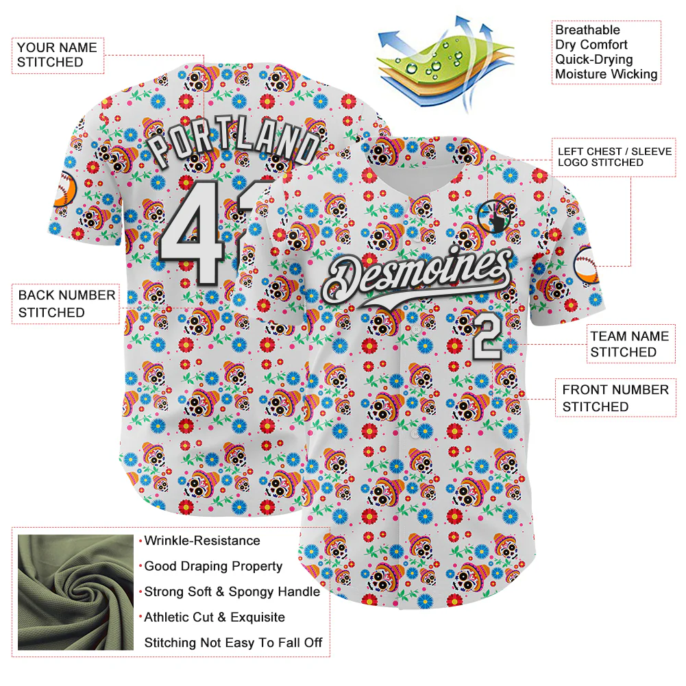 Custom White Black Sugar Skull Day of the Dead Mexican Folk Art Authentic Baseball Jersey - Image 3