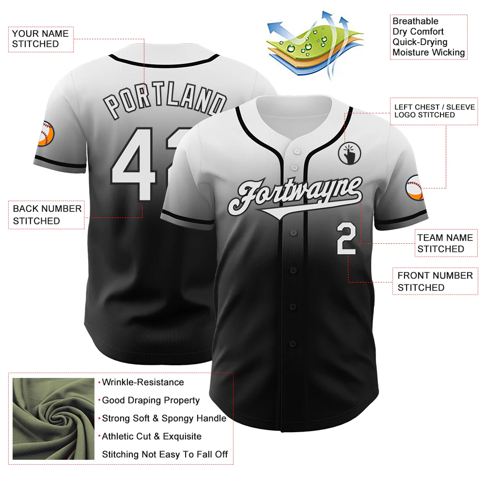 Custom White Black Authentic Fade Fashion Baseball Jersey - Image 3