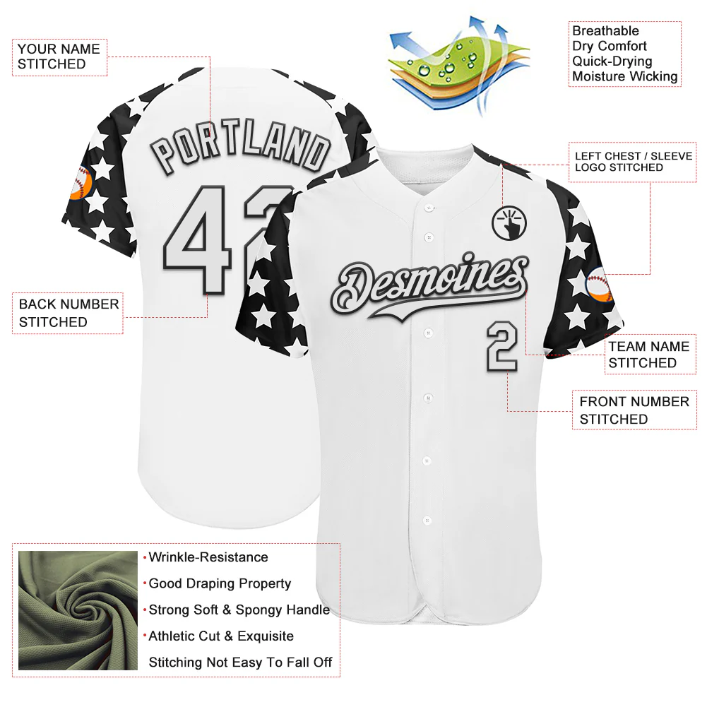 Custom White Black Star Raglan Sleeves Authentic Baseball Jersey - Image 3