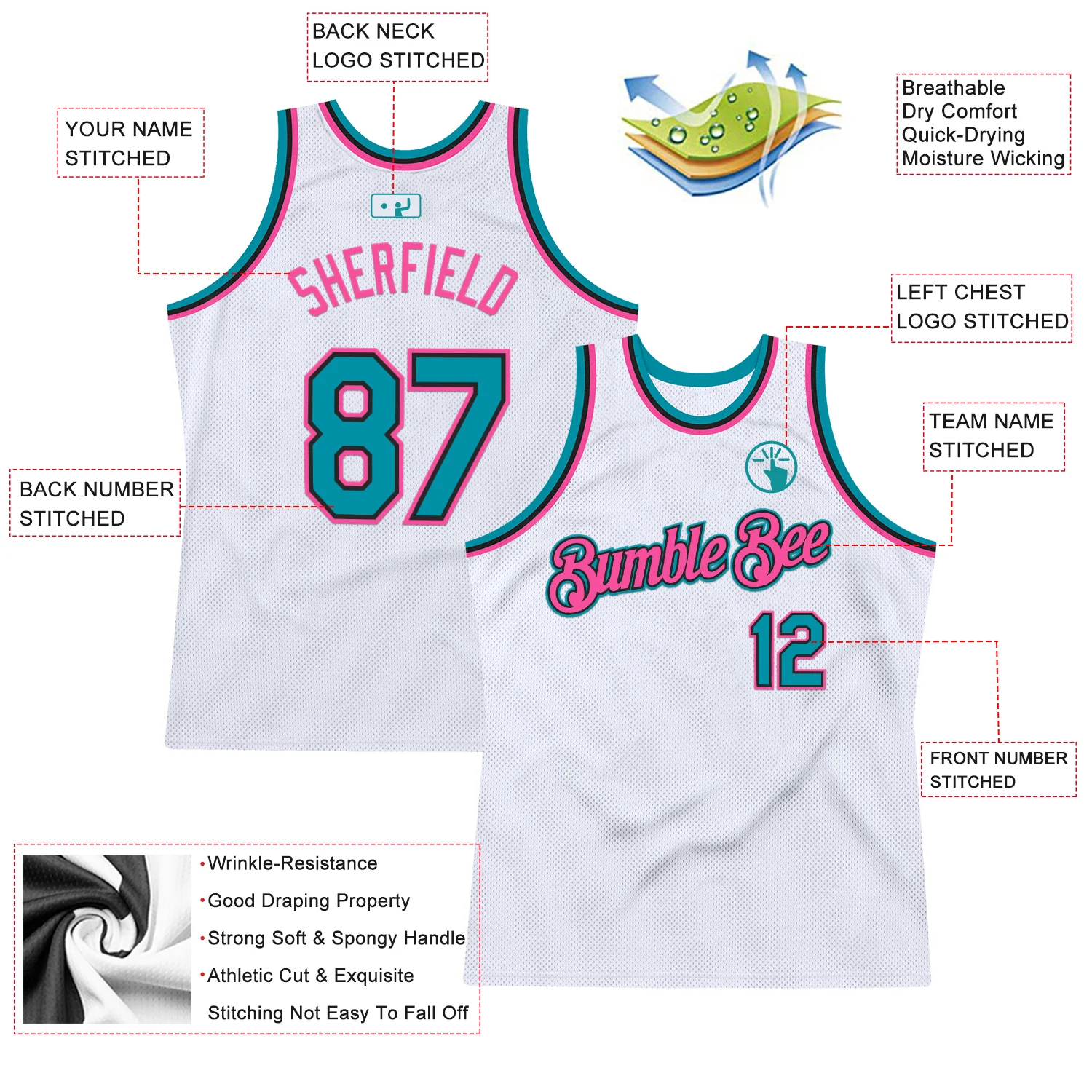 Custom White Teal Black-Pink Authentic Throwback Basketball Jersey - Image 2