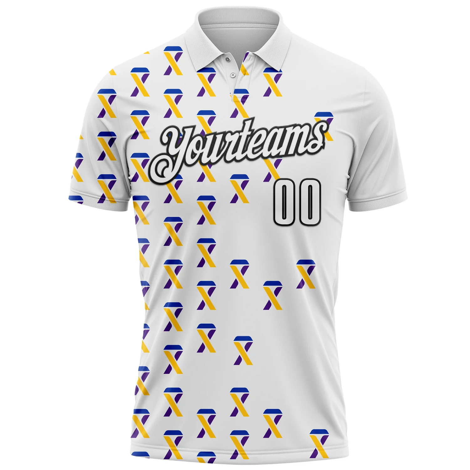Custom White Black 3D Pattern Design Yellow Purple And Navy Ribbon Bladder Cancer Awareness Performance Polo Shirt - Image 2