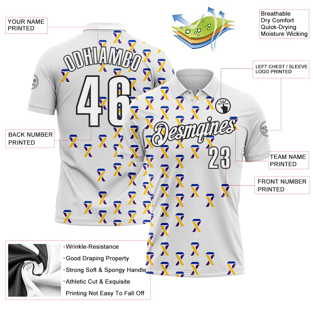 Custom White Black 3D Pattern Design Yellow Purple And Navy Ribbon Bladder Cancer Awareness Performance Polo Shirt - Image 3