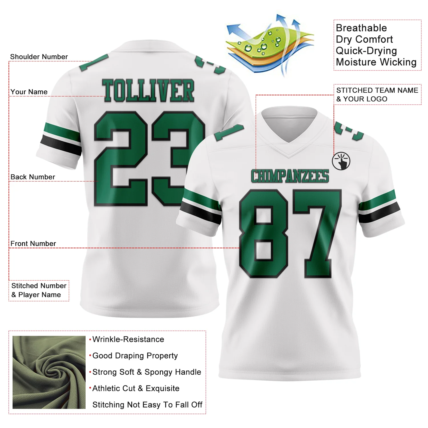 Custom White Kelly Green-Black Authentic Football Jersey - Image 3