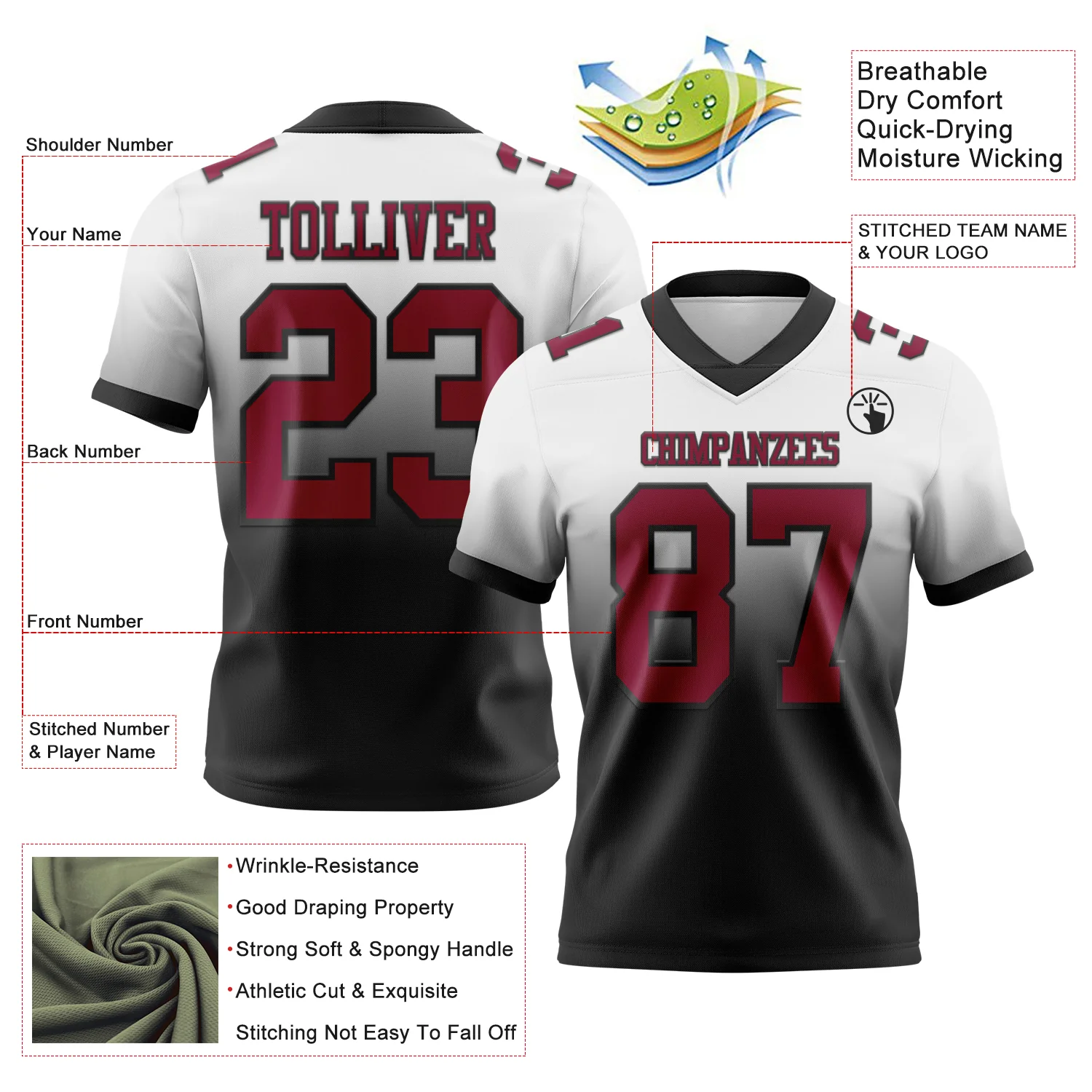 Custom White Maroon-Black Authentic Fade Fashion Football Jersey - Image 2