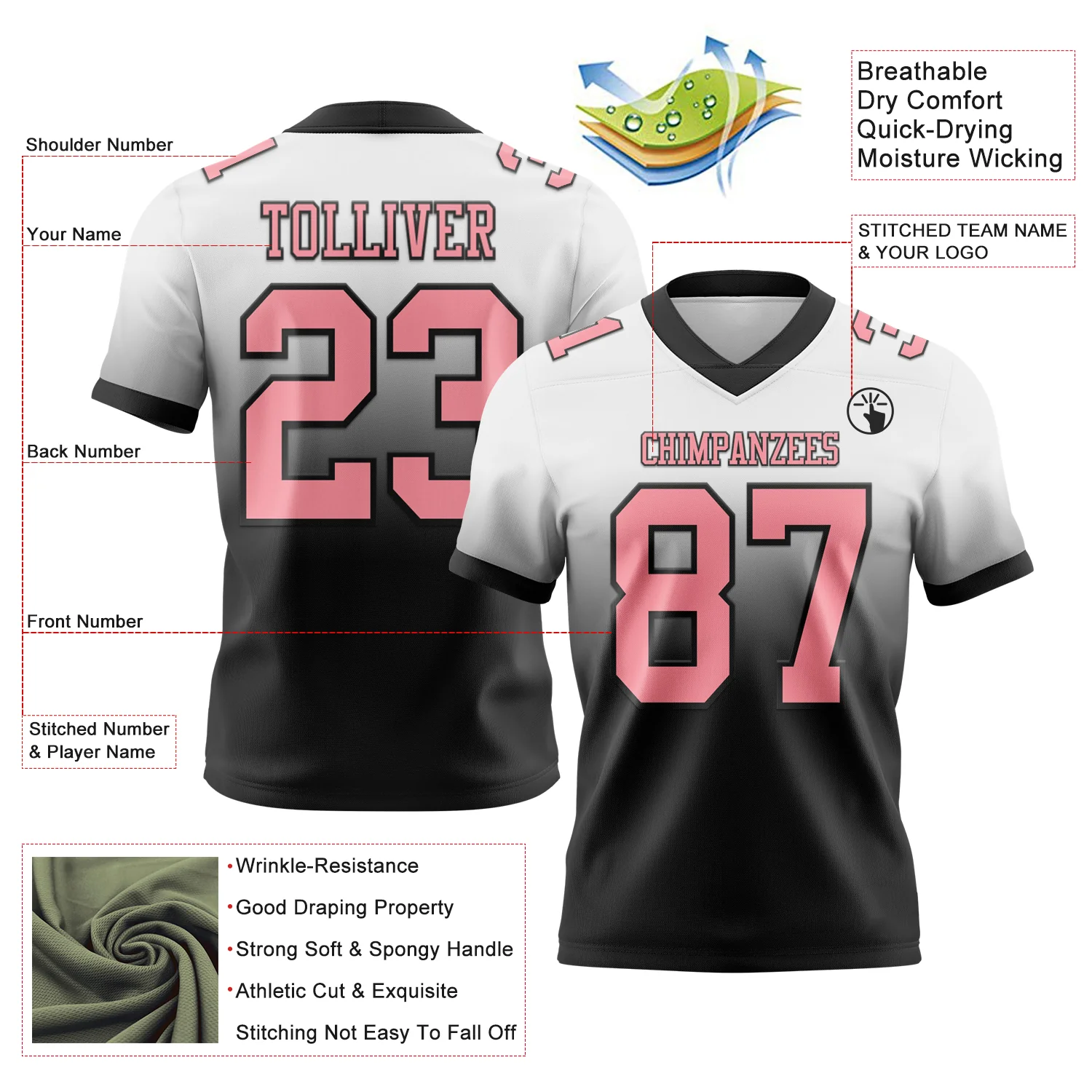 Custom White Medium Pink-Black Authentic Fade Fashion Football Jersey - Image 2