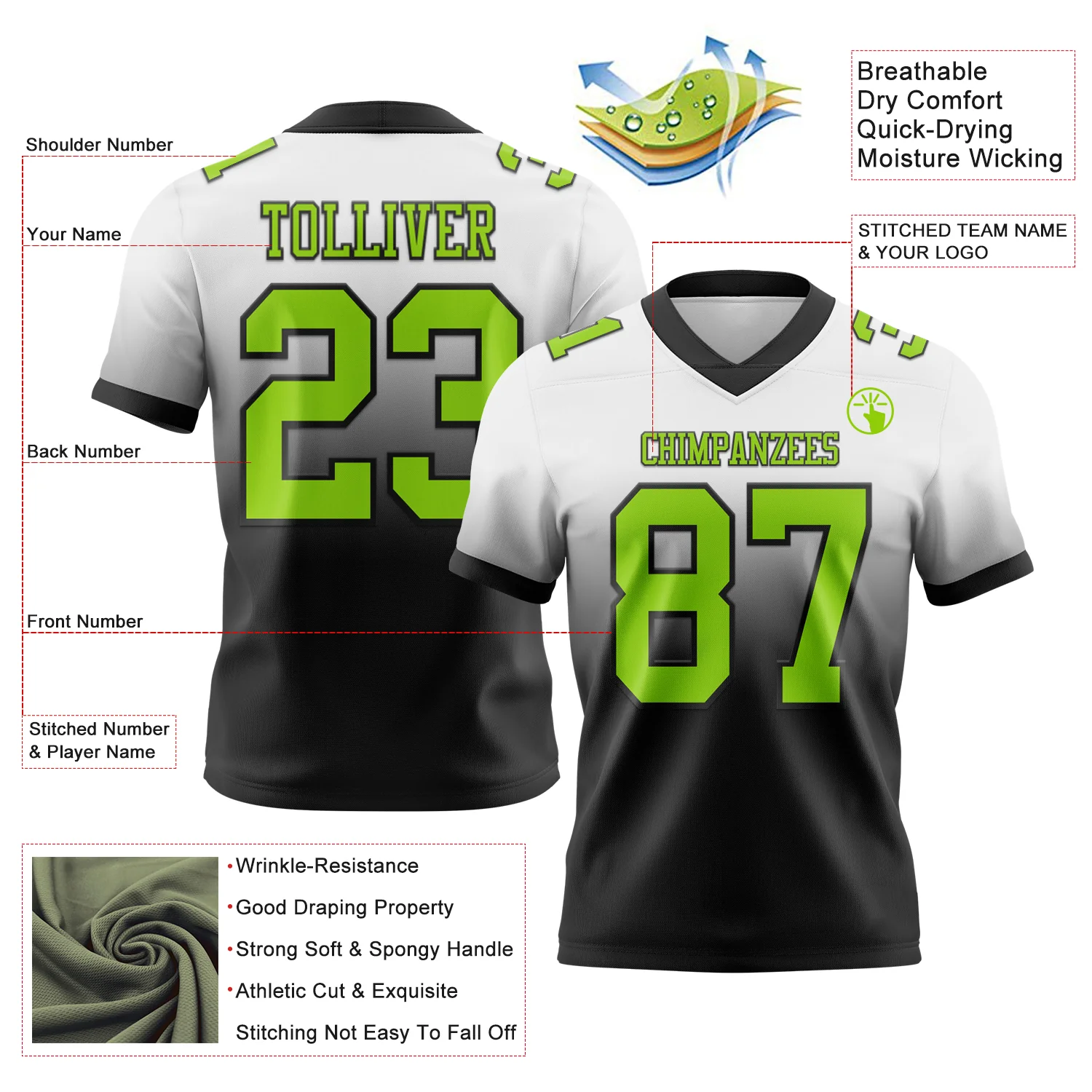 Custom White Neon Green-Black Authentic Fade Fashion Football Jersey - Image 2