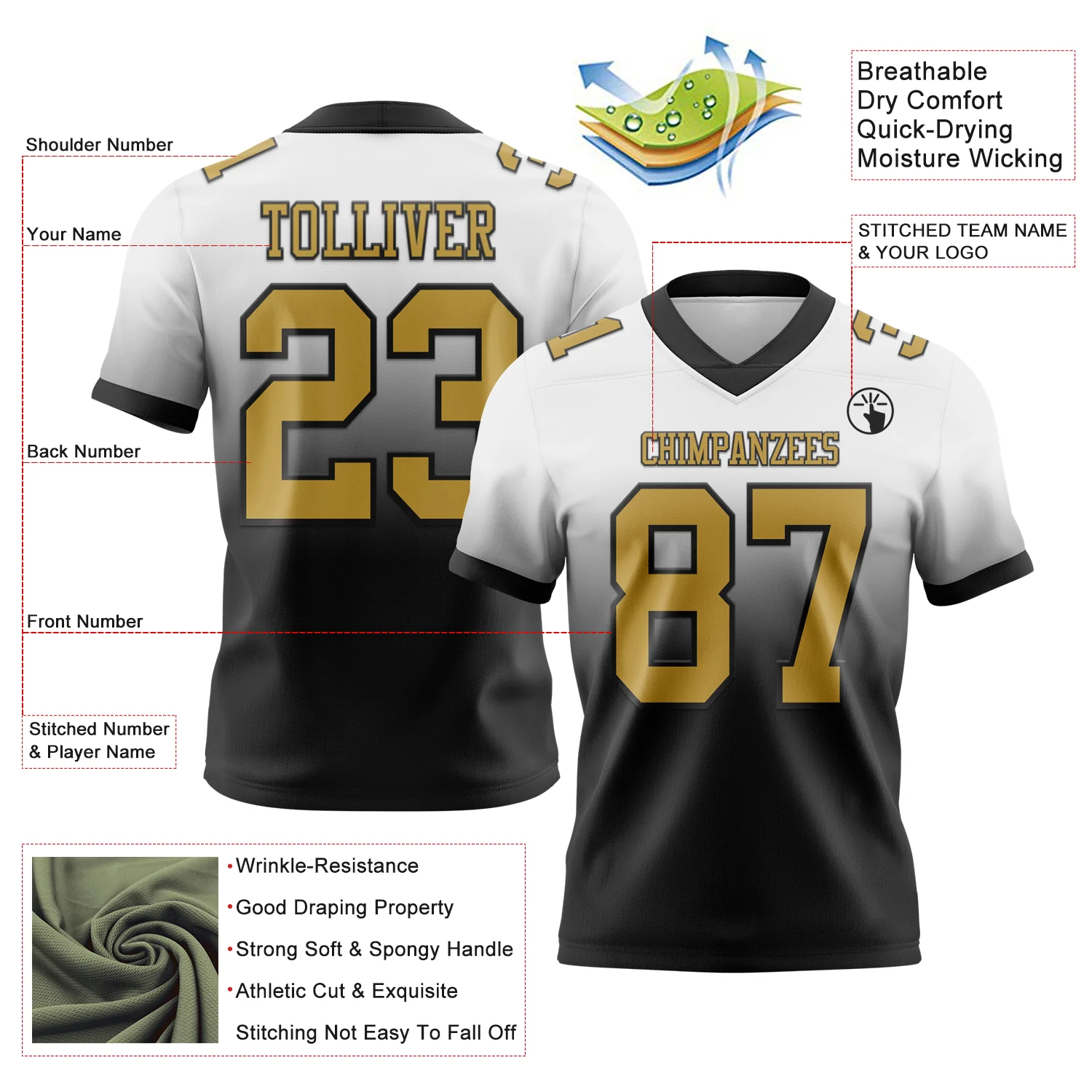 Custom White Old Gold-Black Authentic Fade Fashion Football Jersey - Image 2