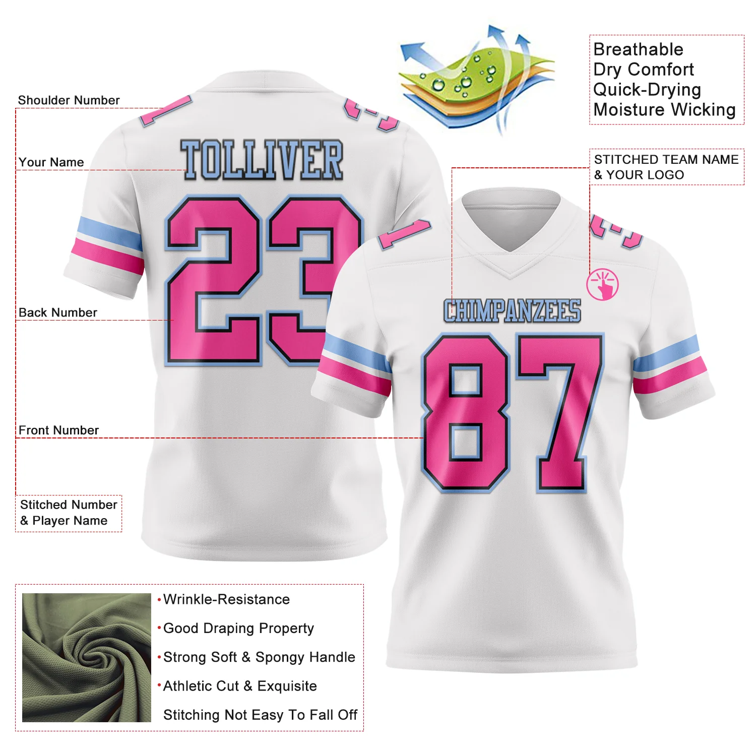 Custom White Pink Black-Light Blue Authentic Football Jersey - Image 3