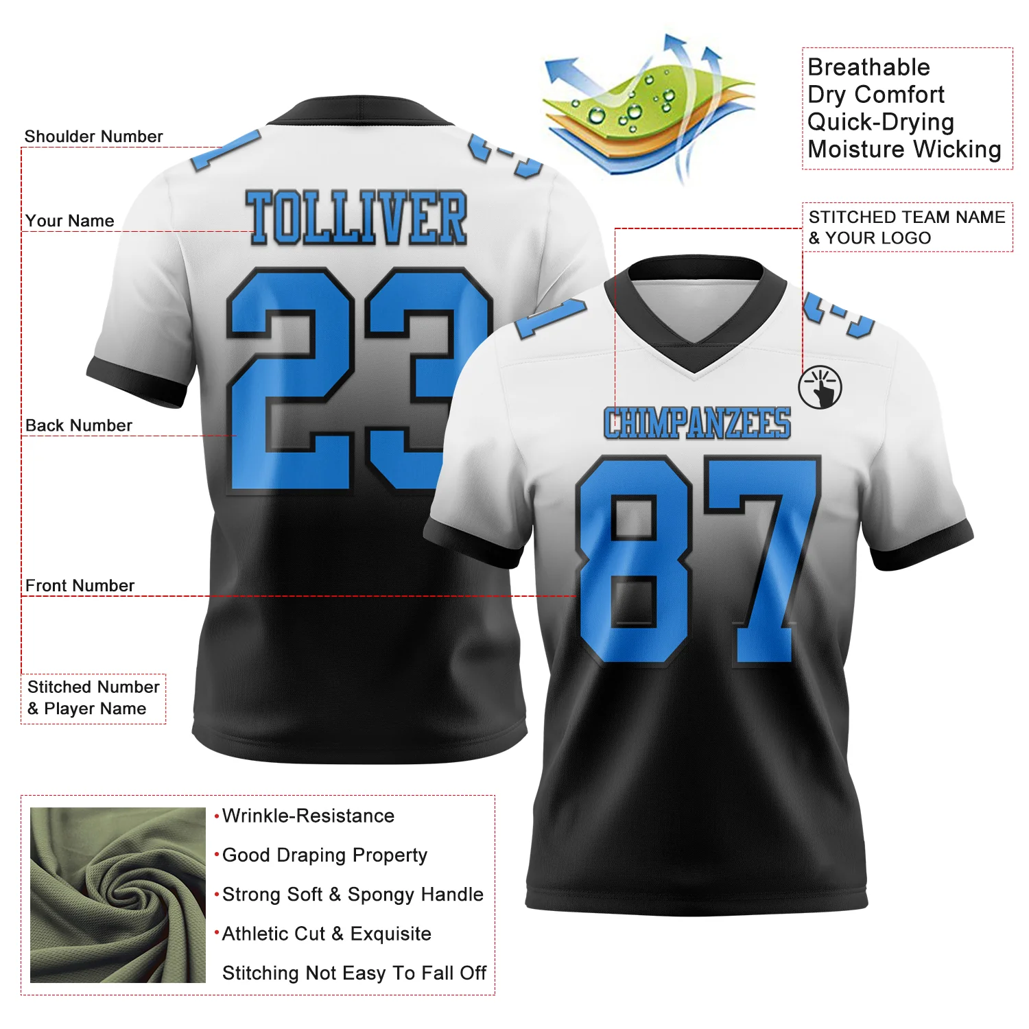 Custom White Powder Blue-Black Authentic Fade Fashion Football Jersey - Image 2