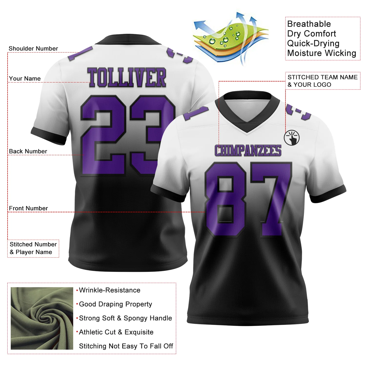 Custom White Purple-Black Authentic Fade Fashion Football Jersey - Image 2
