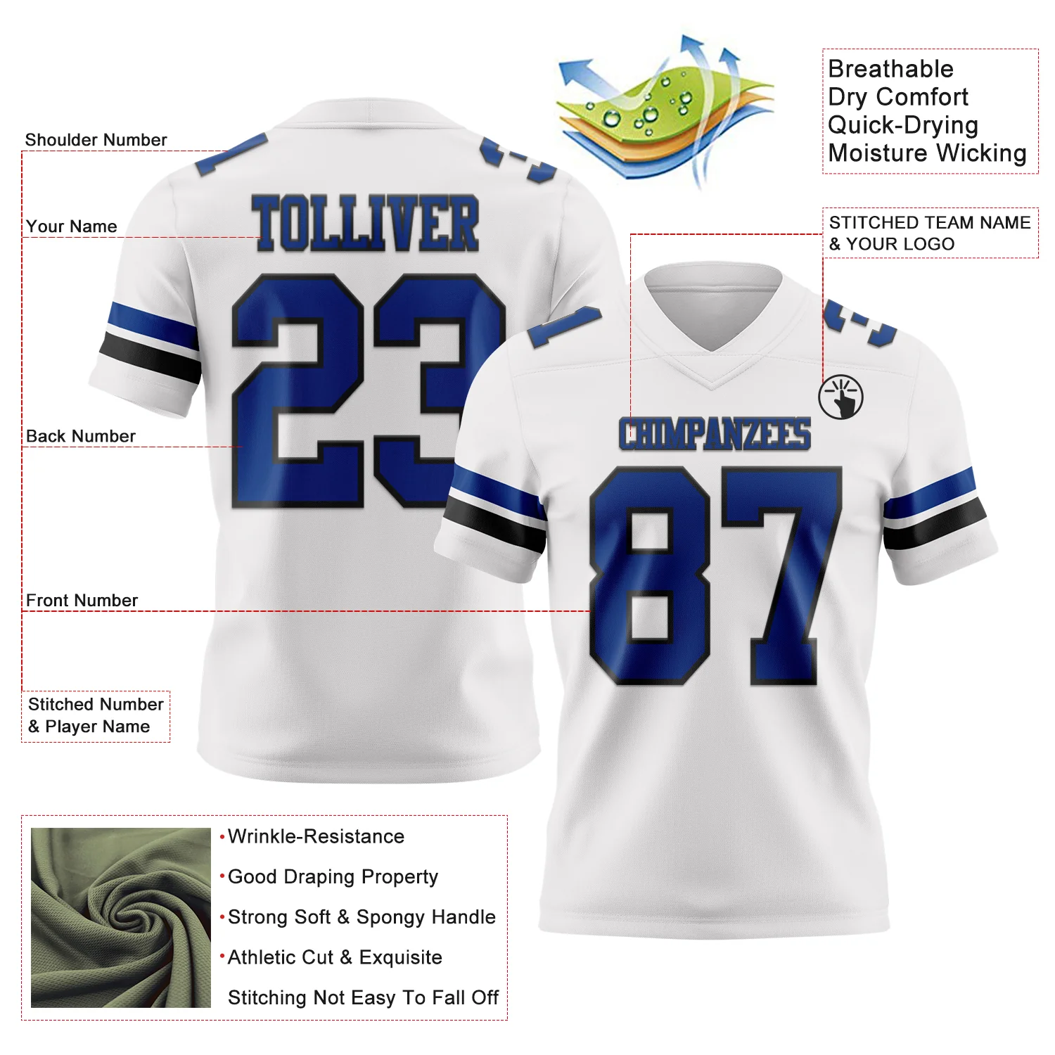 Custom White Royal-Black Authentic Football Jersey - Image 3