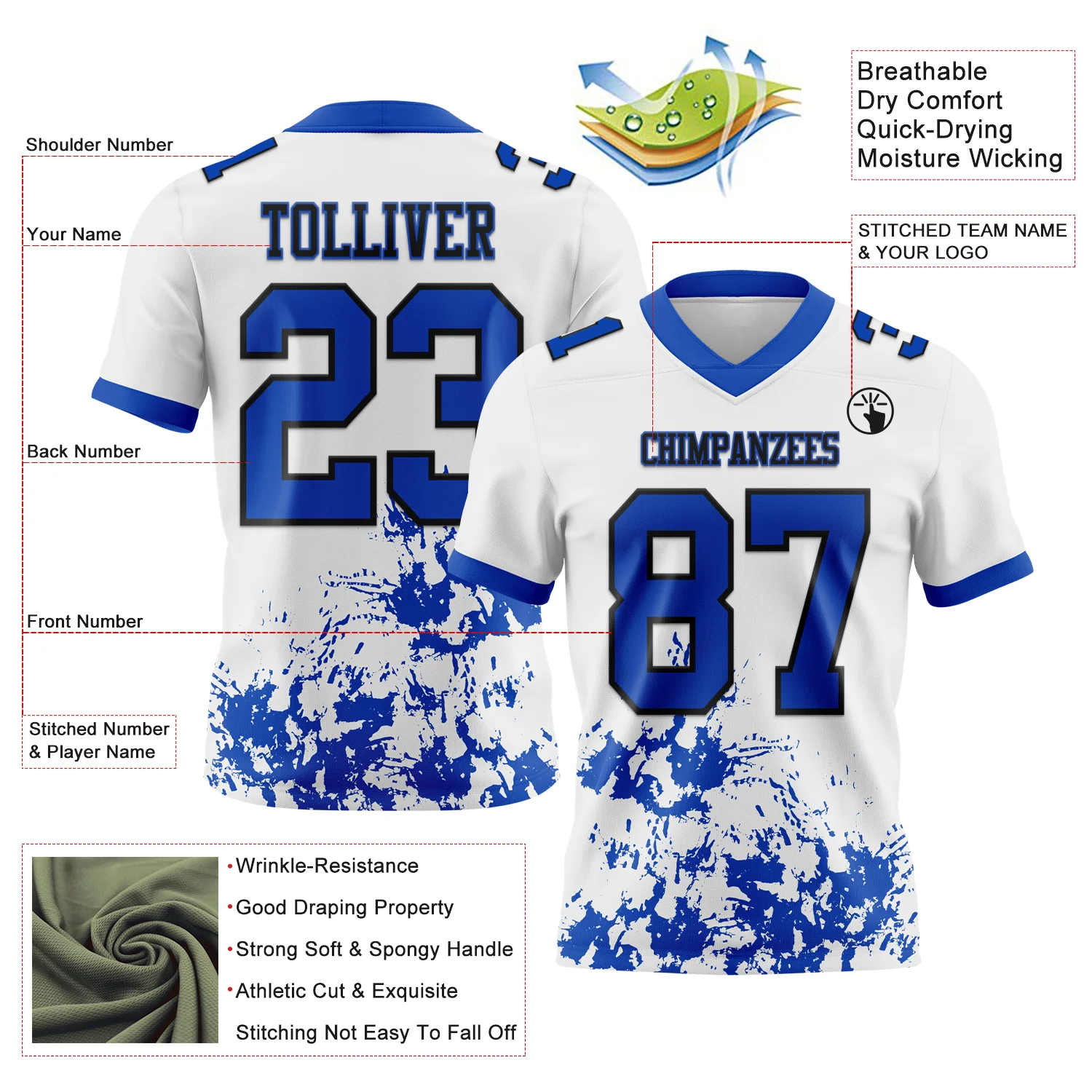Custom White Thunder Blue-Black 3D Pattern Splash Authentic Football Jersey - Image 3