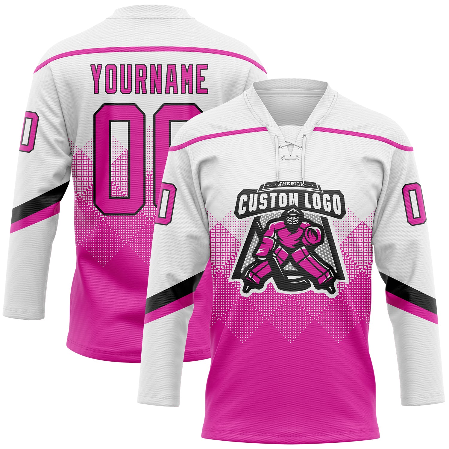 Custom White Deep Pink-Black 3D Pattern Gradient Square Shapes Hockey Lace Neck Jersey - Image 2