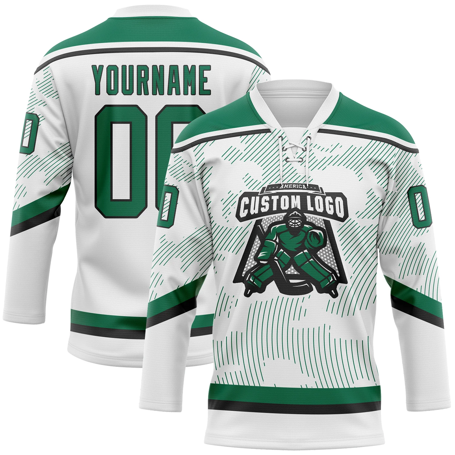 Custom White Kelly Green-Black 3D Pattern Curve Lines Hockey Lace Neck Jersey - Image 2
