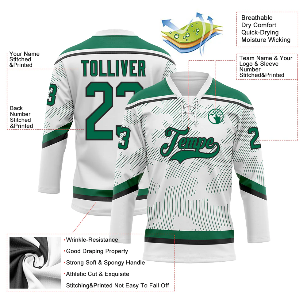 Custom White Kelly Green-Black 3D Pattern Curve Lines Hockey Lace Neck Jersey - Image 3