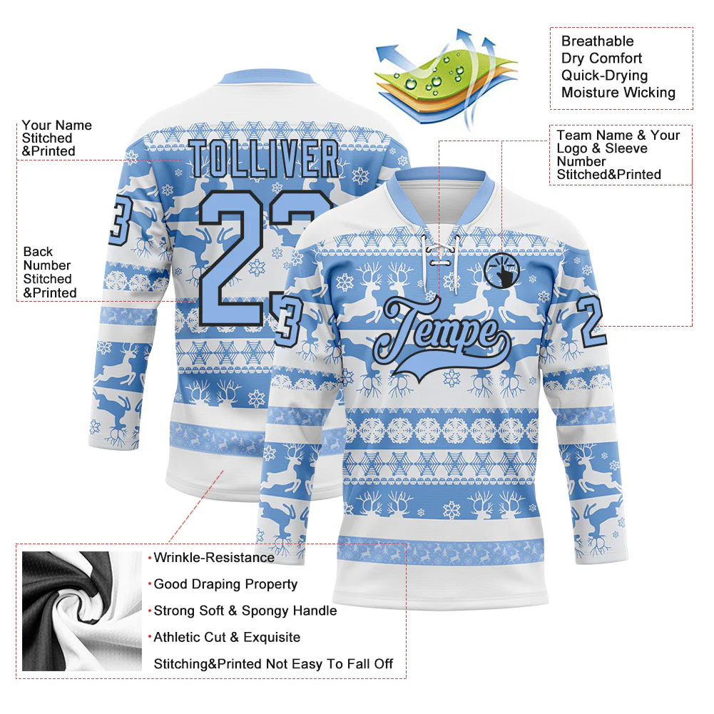 Custom White Light Blue-Black 3D Christmas Ugly Sweater Hockey Lace Neck Jersey - Image 3