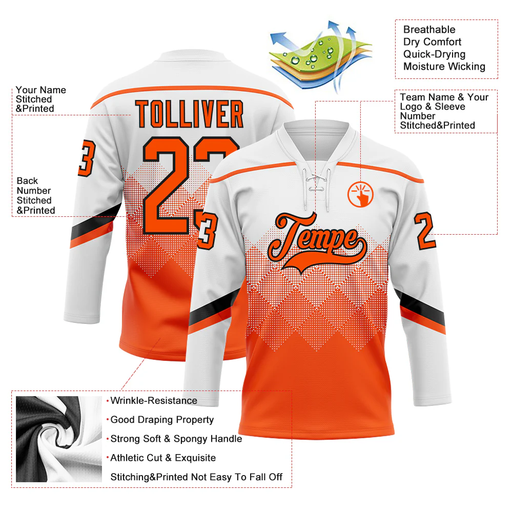 Custom White Orange-Black 3D Pattern Gradient Square Shapes Hockey Lace Neck Jersey - Image 3