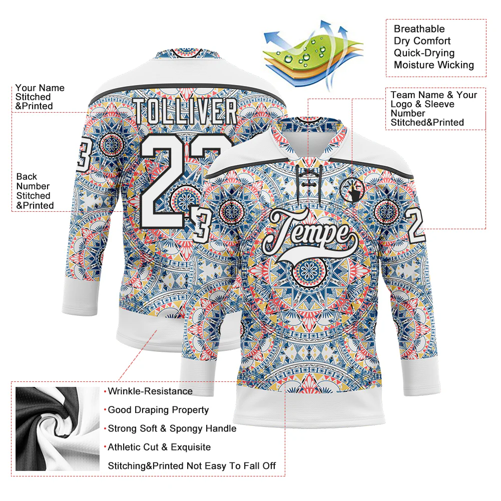 Custom White Black 3D Pattern Native Americans Tribal Indigenous People Hockey Lace Neck Jersey - Image 5