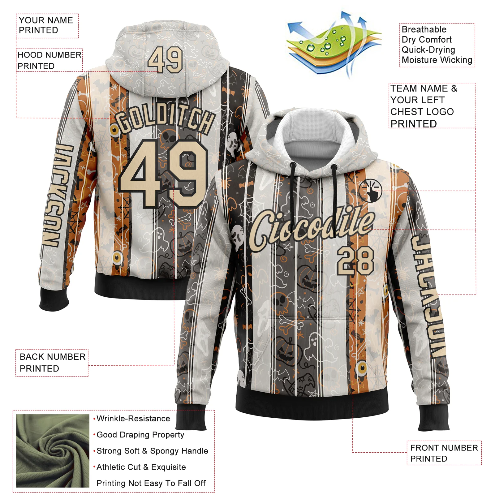 Custom White City Cream Black-Orange 3D Halloween Pumpkin Spooky Stripe Sports Pullover Sweatshirt Hoodie - Image 2