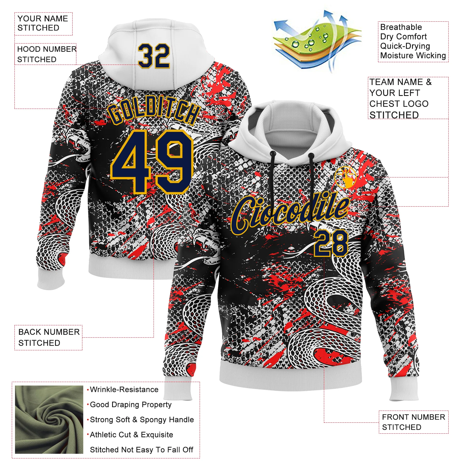 Custom Stitched White Navy Black Red-Gold 3D Pattern Design Snake Skin Print Sportswear Pullover Sweatshirt Hoodie - Image 2