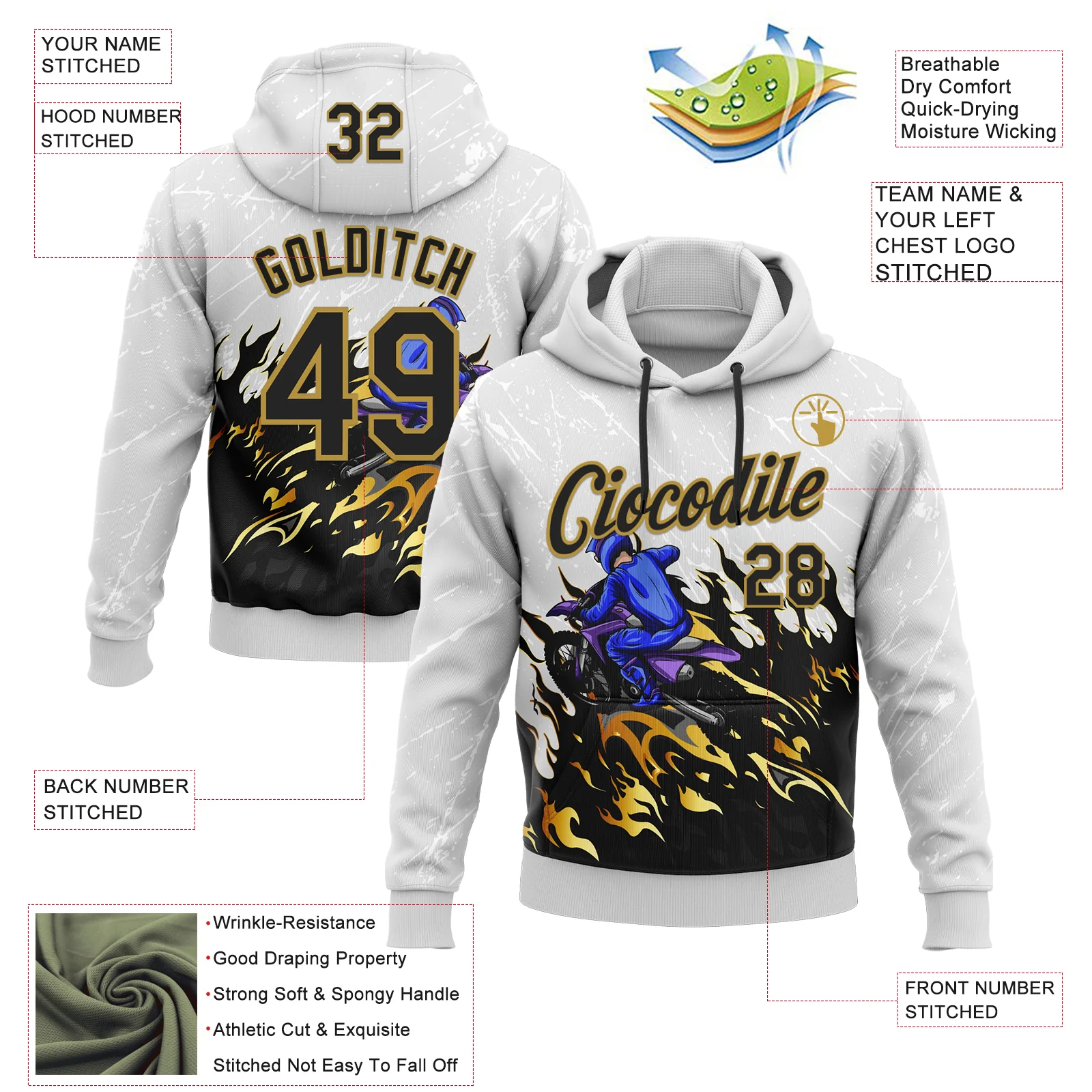 Custom Stitched White Old Gold-Black 3D Pattern Design Flame Motorcycle Motocross Racing Sports Pullover Sweatshirt Hoodie - Image 2