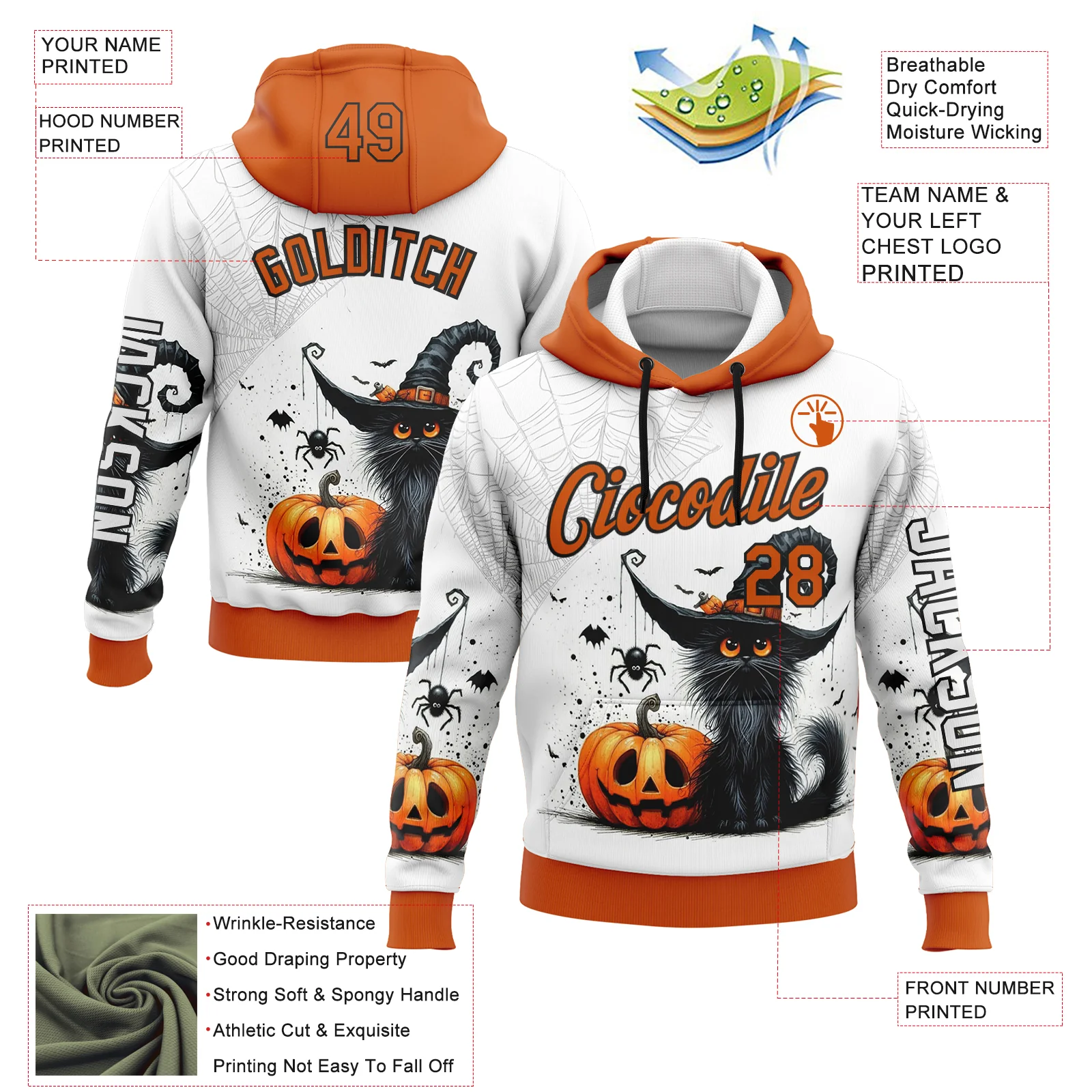Custom White Orange-Black 3D Halloween Pumpkin Spooky Sports Pullover Sweatshirt Hoodie - Image 2