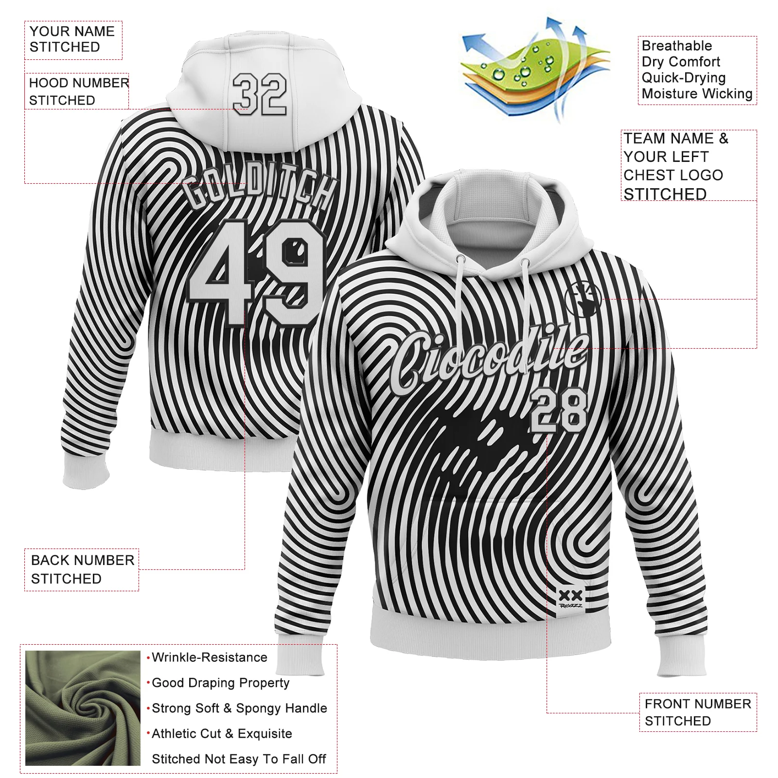 Custom Stitched White Black 3D Revzzz Halftone Death Skull Sports Pullover Sweatshirt Hoodie - Image 2