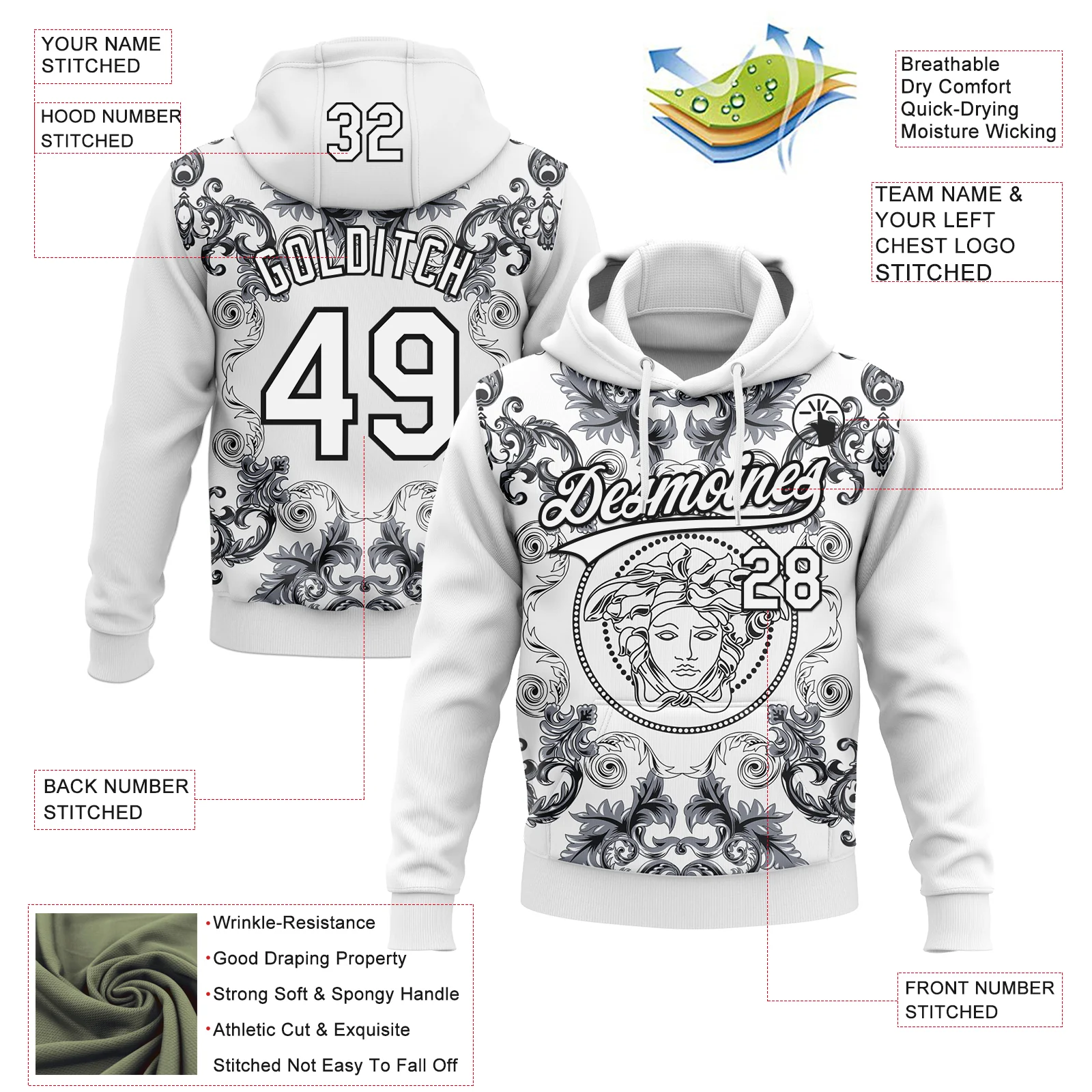 Custom Stitched White Black Medusa Pullover Sweatshirt Hoodie - Image 4