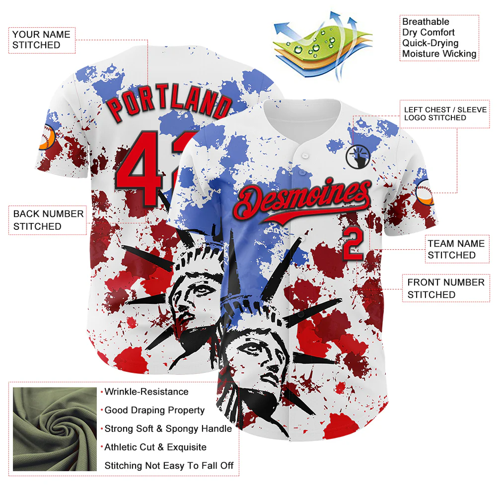 Custom White Fire Red-Black 3D Patriotic American Flag And Splatter Statue of Liberty Authentic Baseball Jersey - Image 3