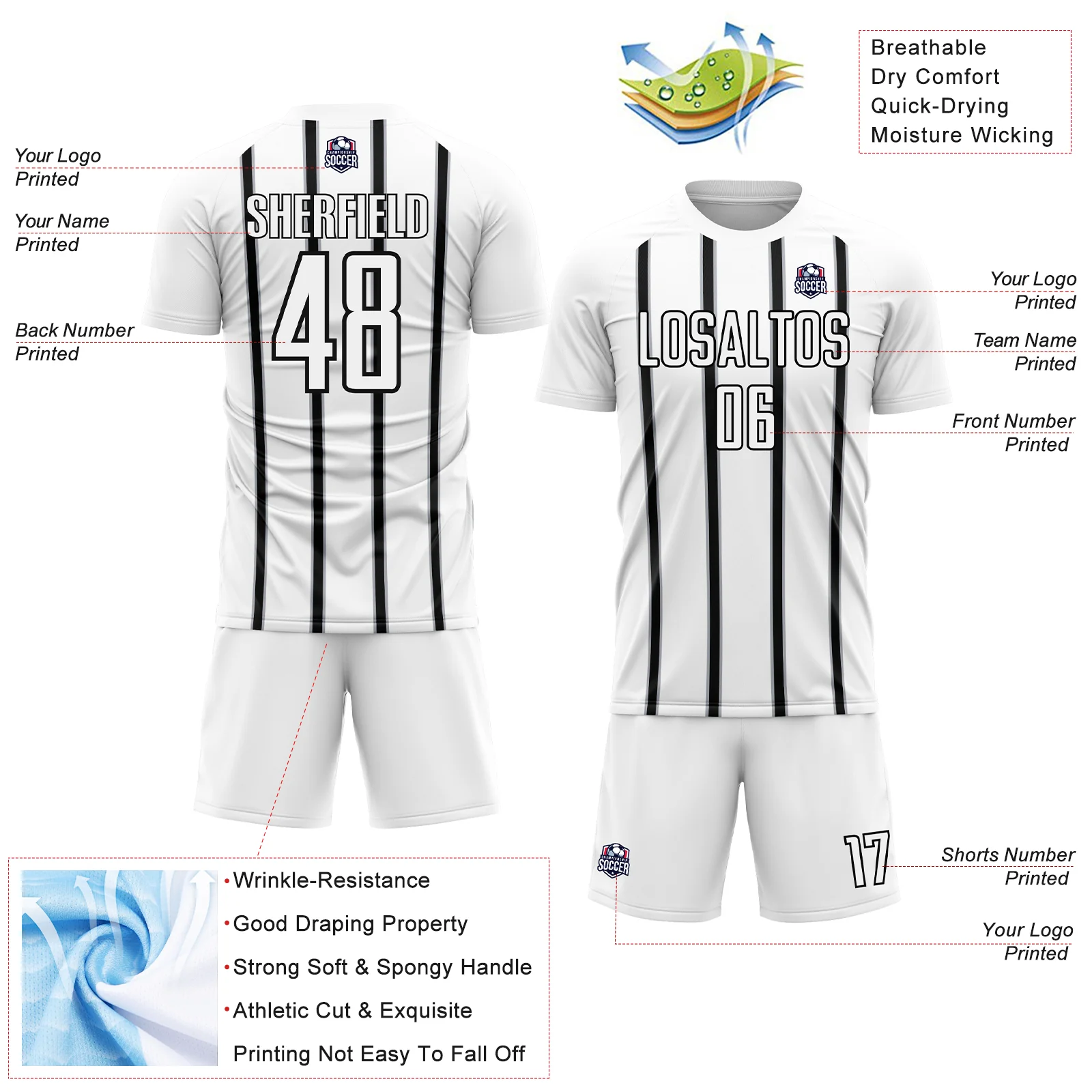 Custom White Black-Gray Stripe Line Sublimation Soccer Uniform Jersey - Image 4