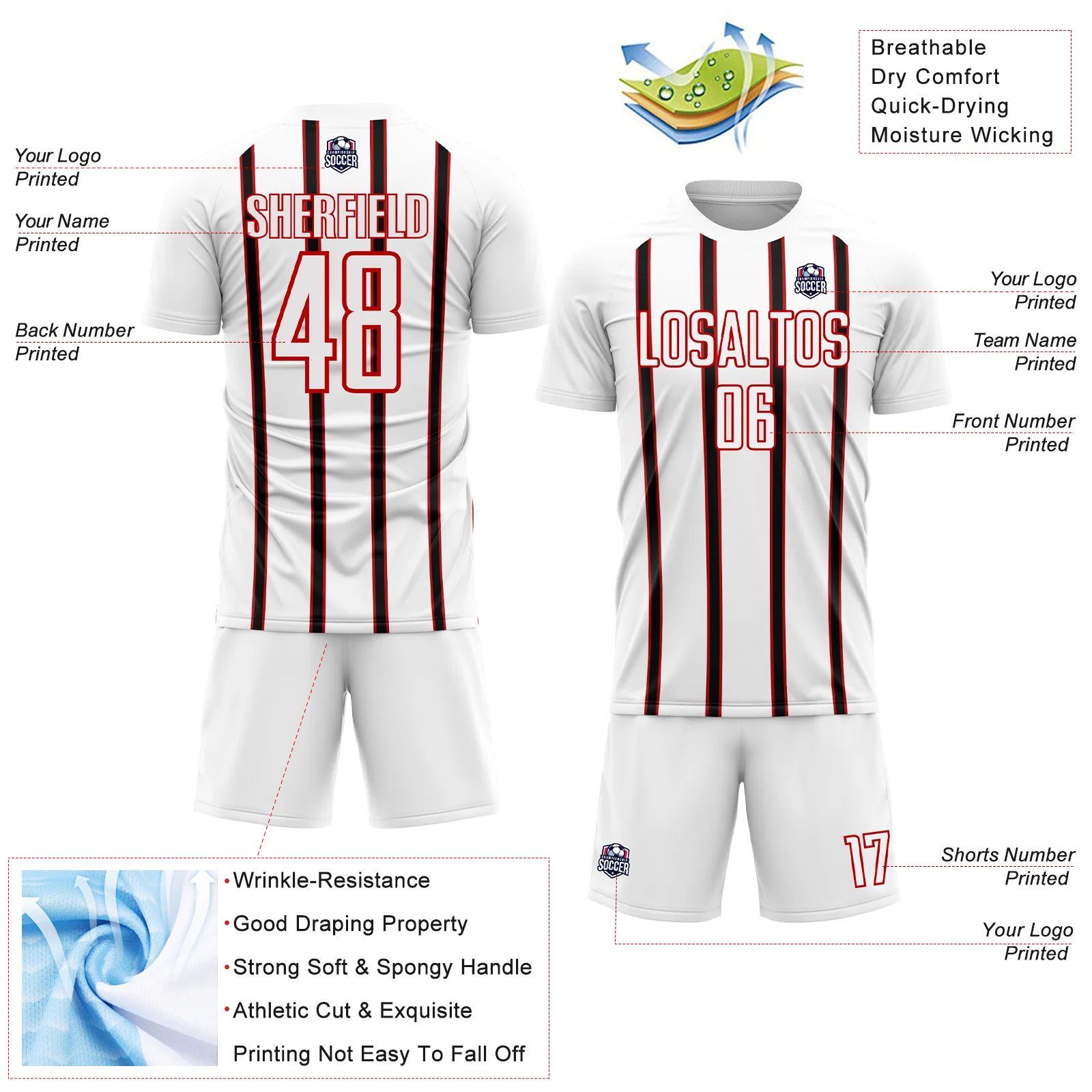 Custom White Black-Red Stripe Line Sublimation Soccer Uniform Jersey - Image 4