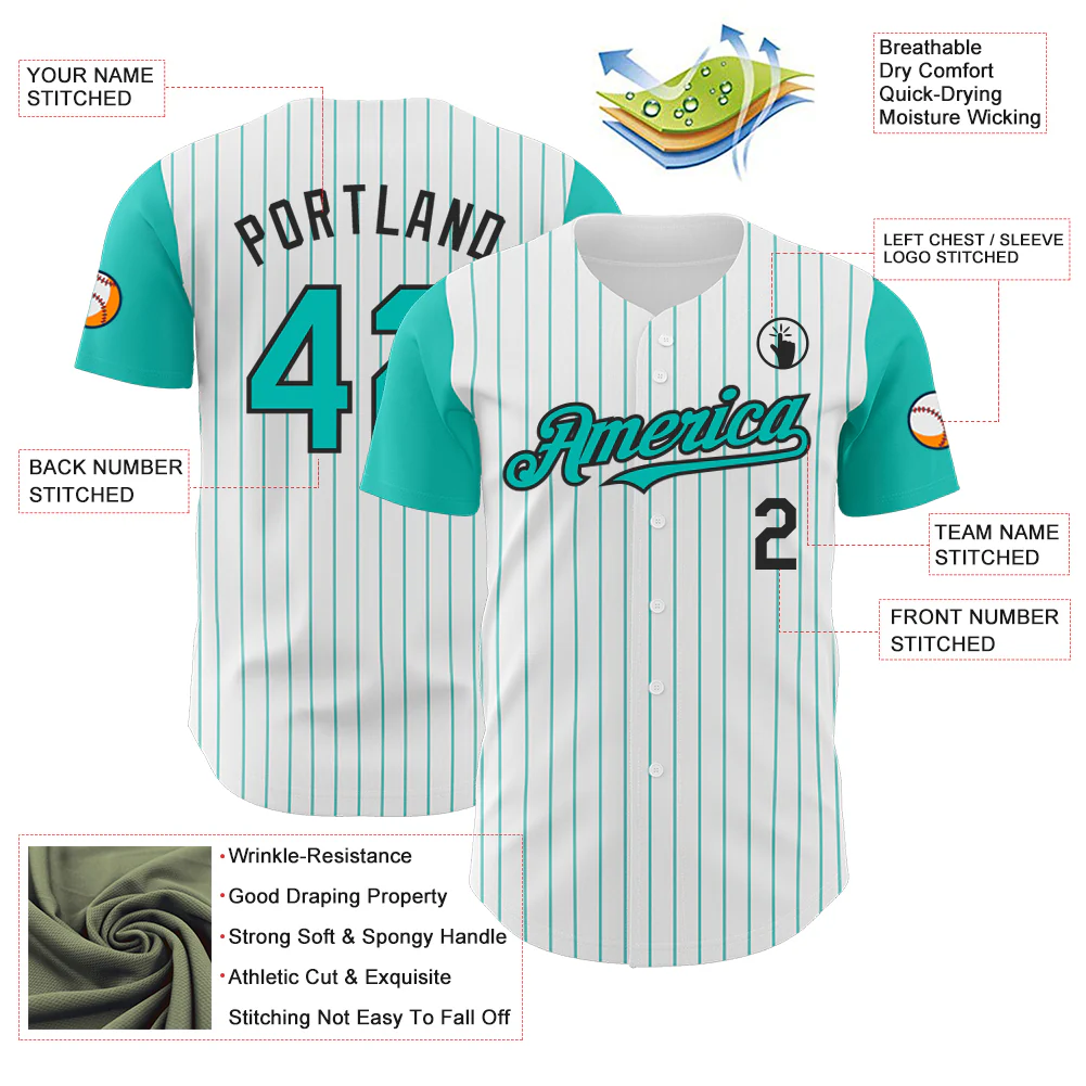 Custom White Aqua Pinstripe Black Authentic Two Tone Baseball Jersey - Image 3