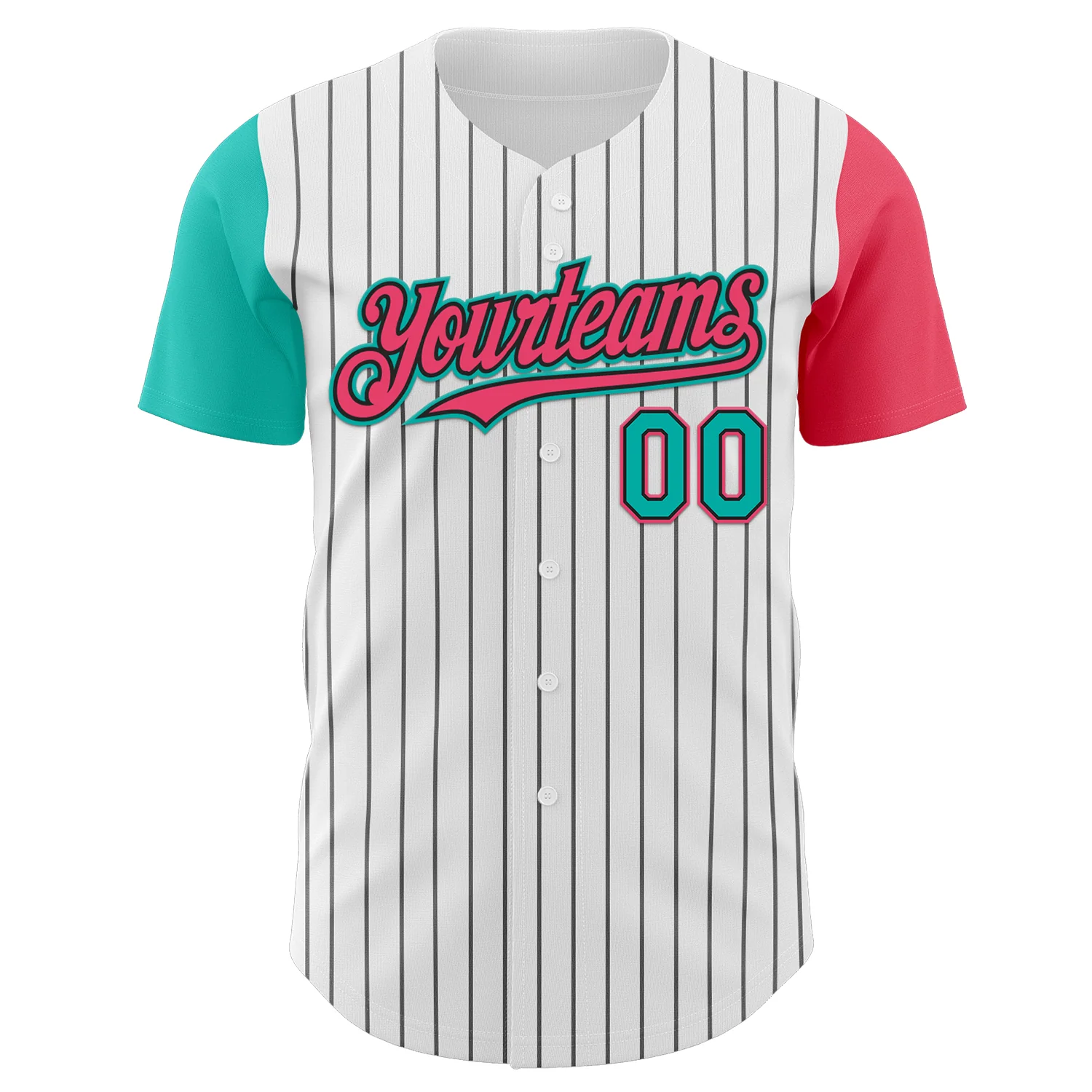 Custom White Black Pinstripe Aqua-Neon Pink Authentic Two Tone Baseball Jersey - Image 2
