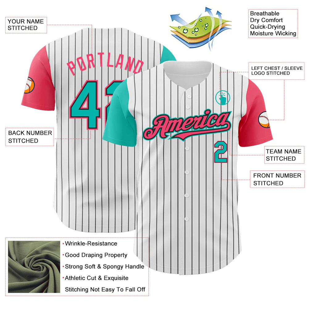 Custom White Black Pinstripe Aqua-Neon Pink Authentic Two Tone Baseball Jersey - Image 3