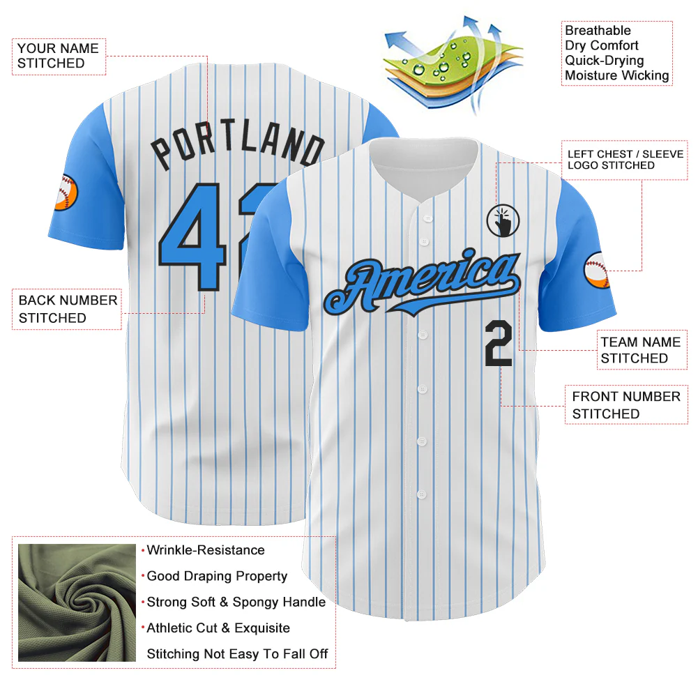 Custom White Electric Blue Pinstripe Black Authentic Two Tone Baseball Jersey - Image 3