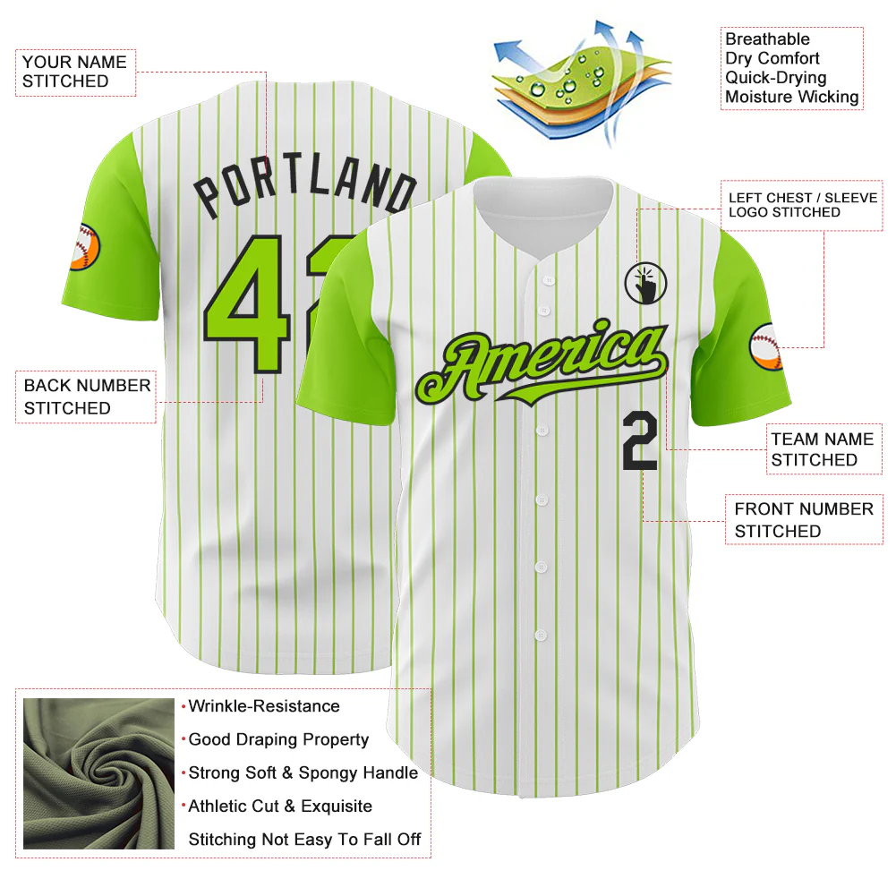 Custom White Neon Green Pinstripe Black Authentic Two Tone Baseball Jersey - Image 3