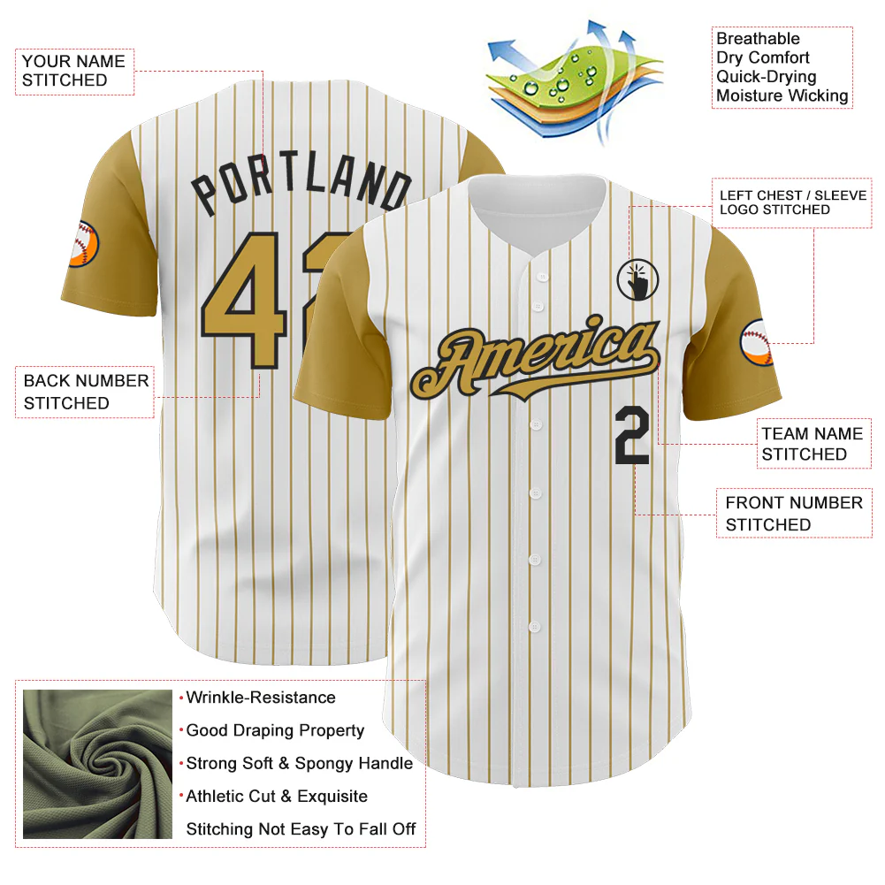 Custom White Old Gold Pinstripe Black Authentic Two Tone Baseball Jersey - Image 3