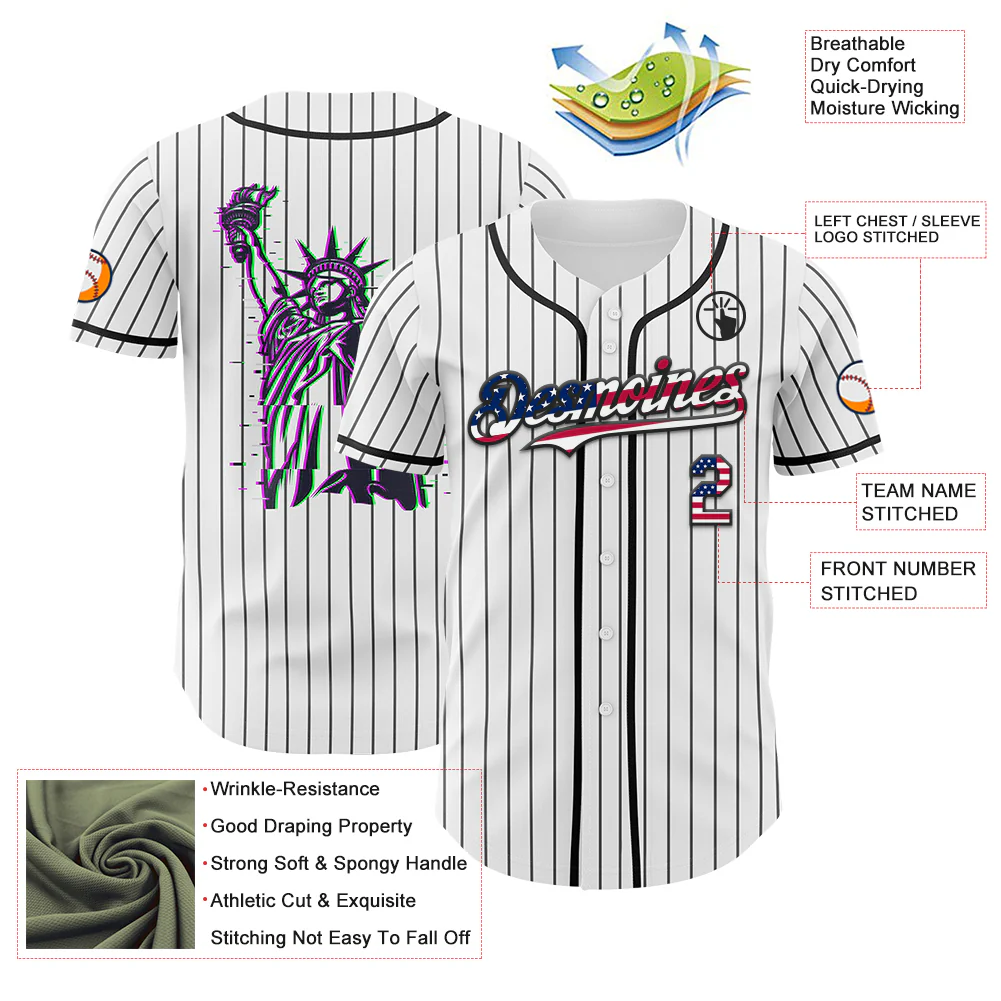 Custom White Gray Pinstripe USA Flag-Black 3D Patriotic American Symbol Statue of Liberty Authentic Baseball Jersey - Image 3