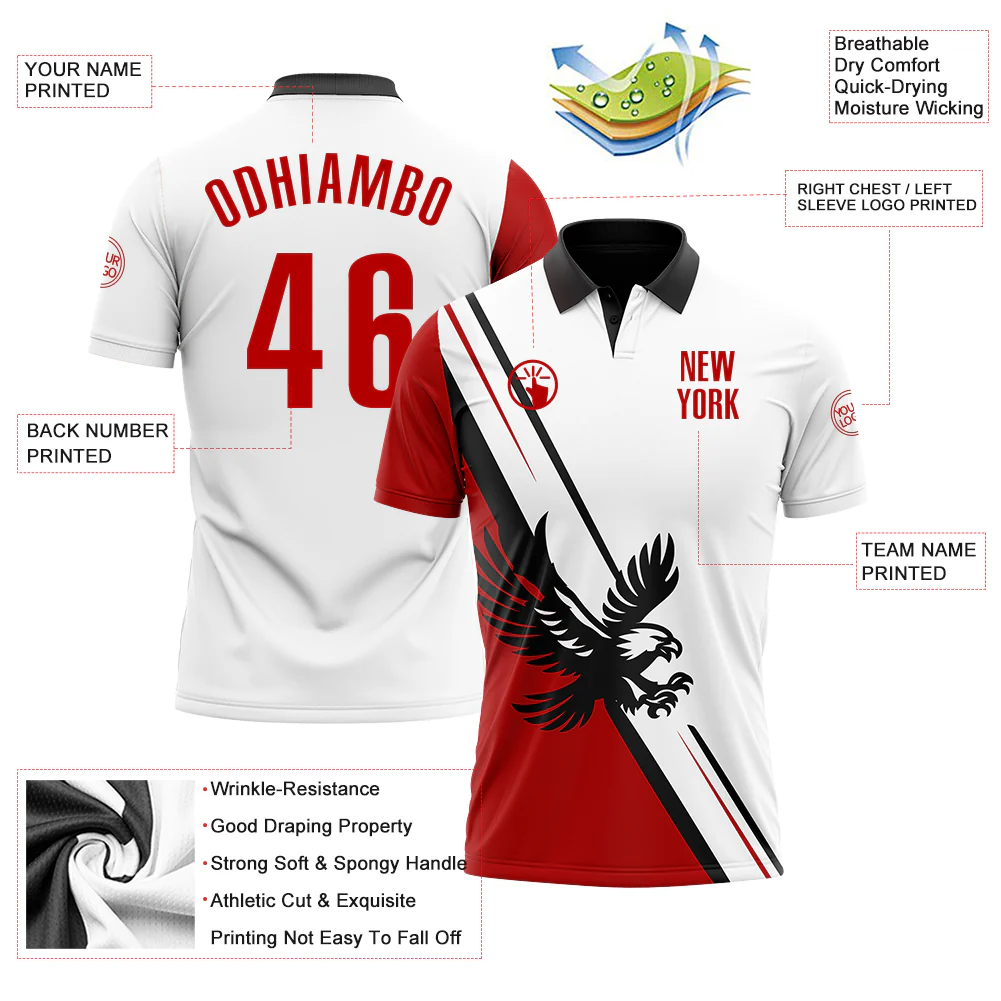Custom White Red-Black 3D Pattern Design Animal Eagle Performance Polo Shirt - Image 3