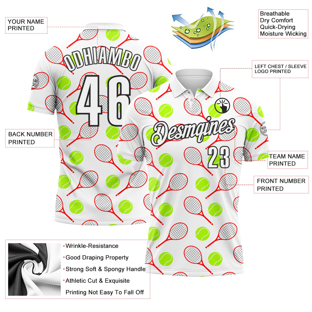 Custom White Black 3D Tennis Performance Polo Shirt - Image 3