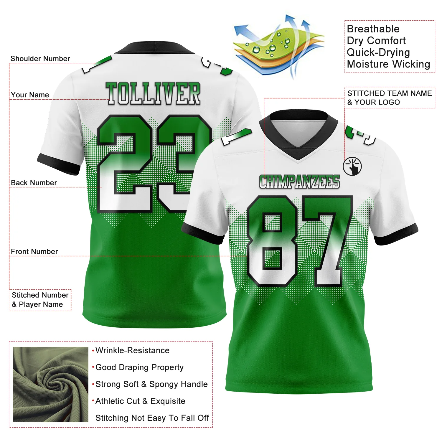 Custom White Grass Green-Black Authentic Gradient Square Shape Flag Football Jersey - Image 2