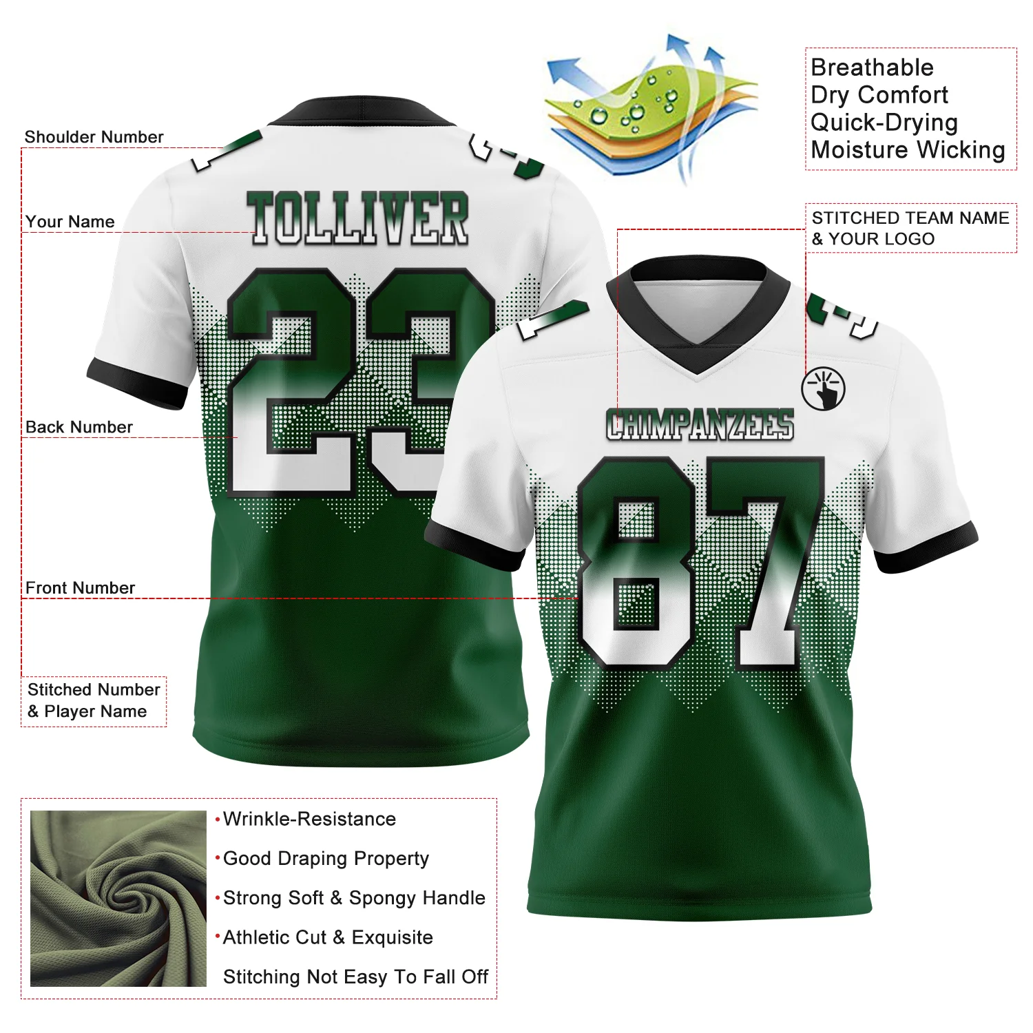 Custom White Green-Black Authentic Gradient Square Shape Flag Football Jersey - Image 2