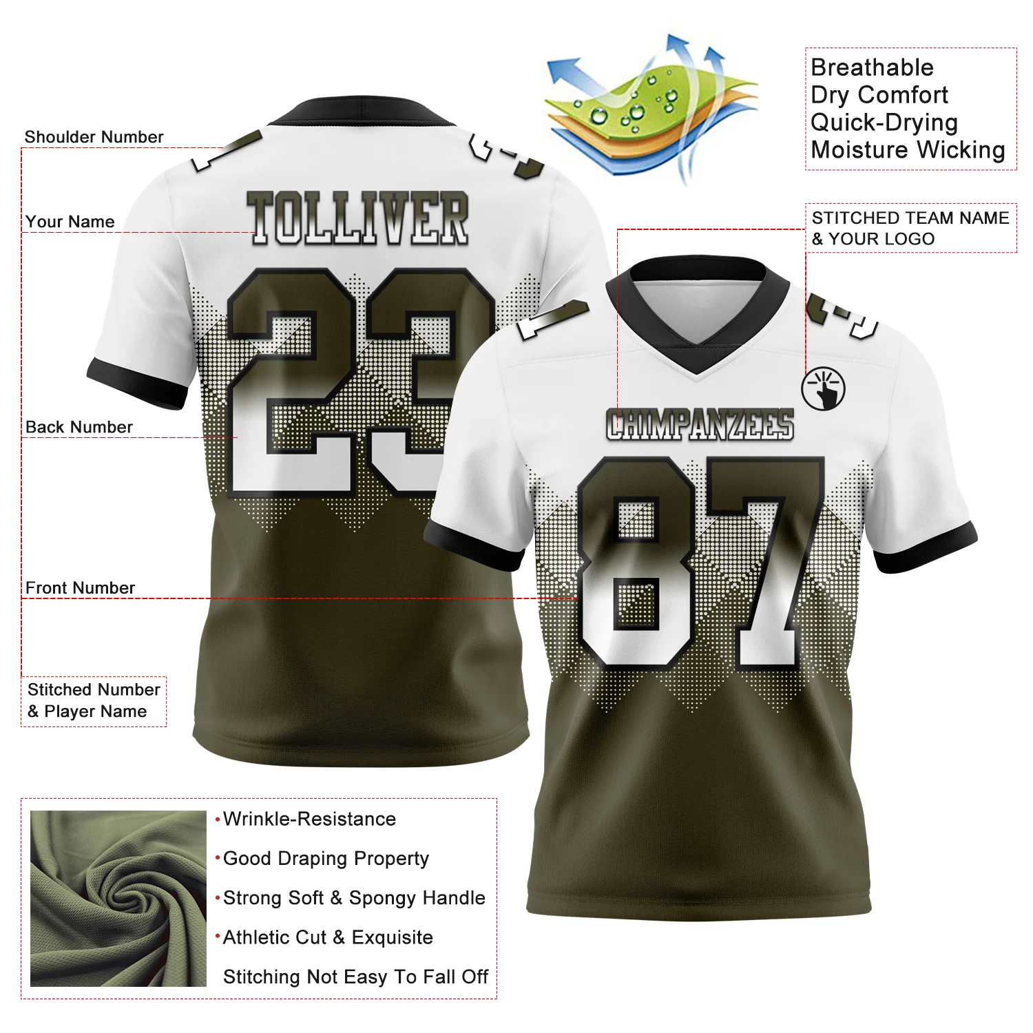 Custom White Olive-Black Authentic Gradient Square Shape Flag Football Jersey - Image 2