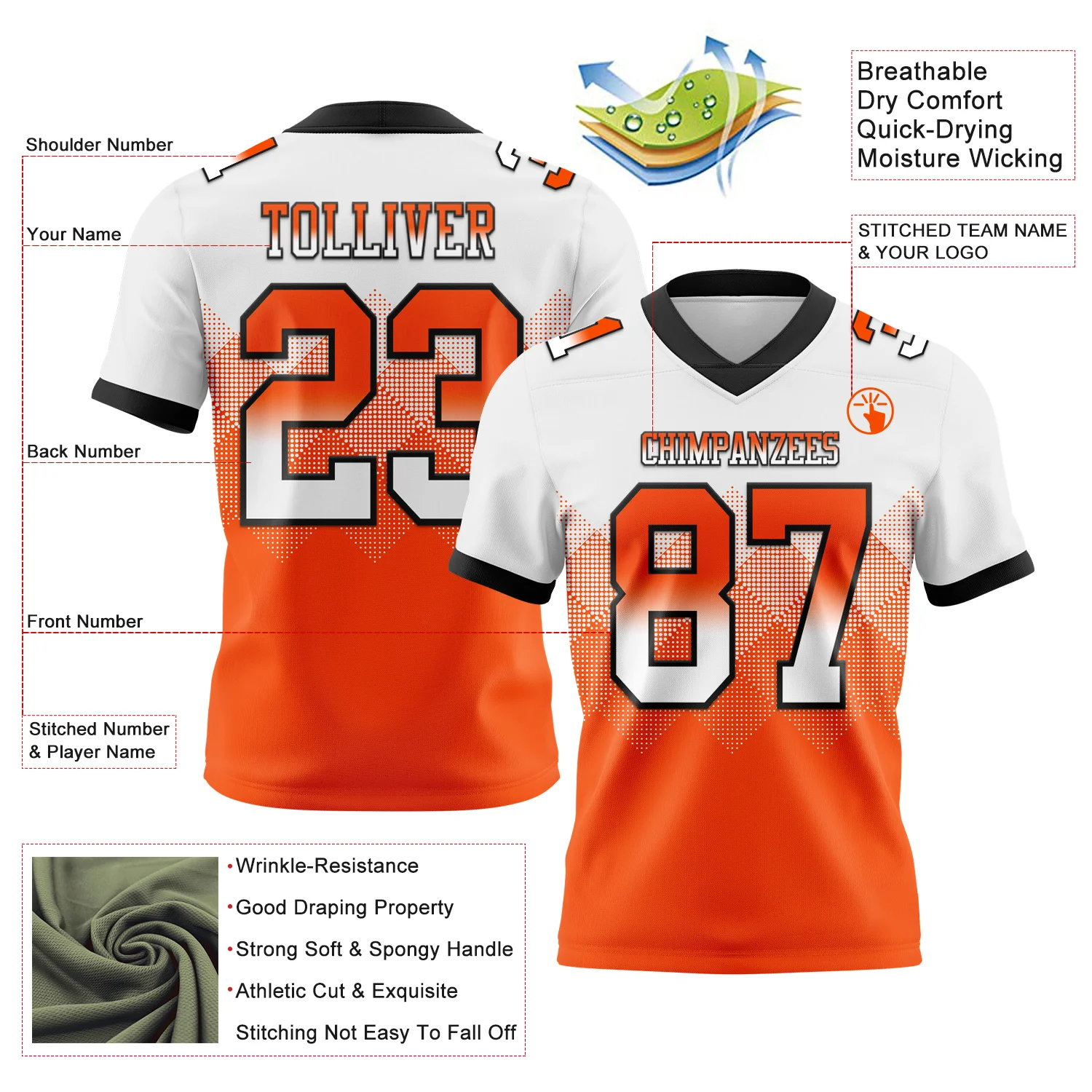 Custom White Orange-Black Authentic Gradient Square Shape Flag Football Jersey - Image 2