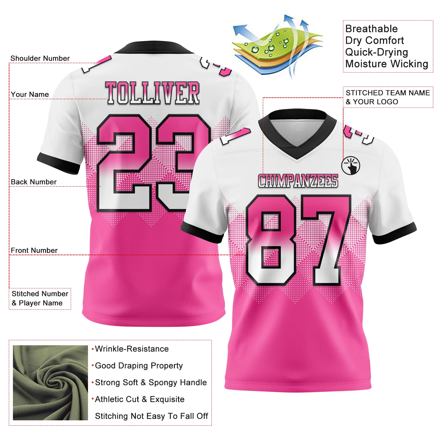 Custom White Pink-Black Authentic Gradient Square Shape Flag Football Jersey - Image 2