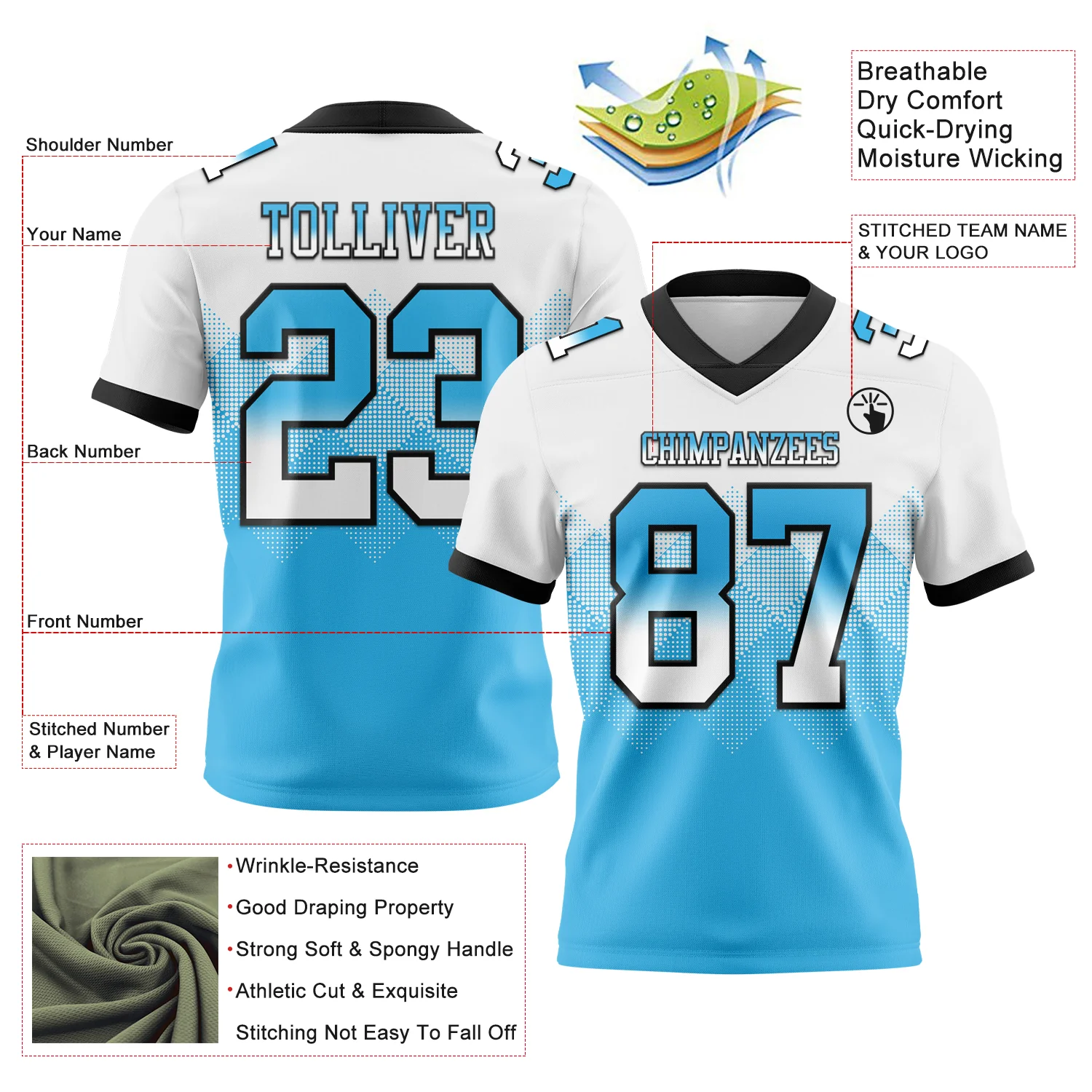 Custom White Sky Blue-Black Authentic Gradient Square Shape Flag Football Jersey - Image 2