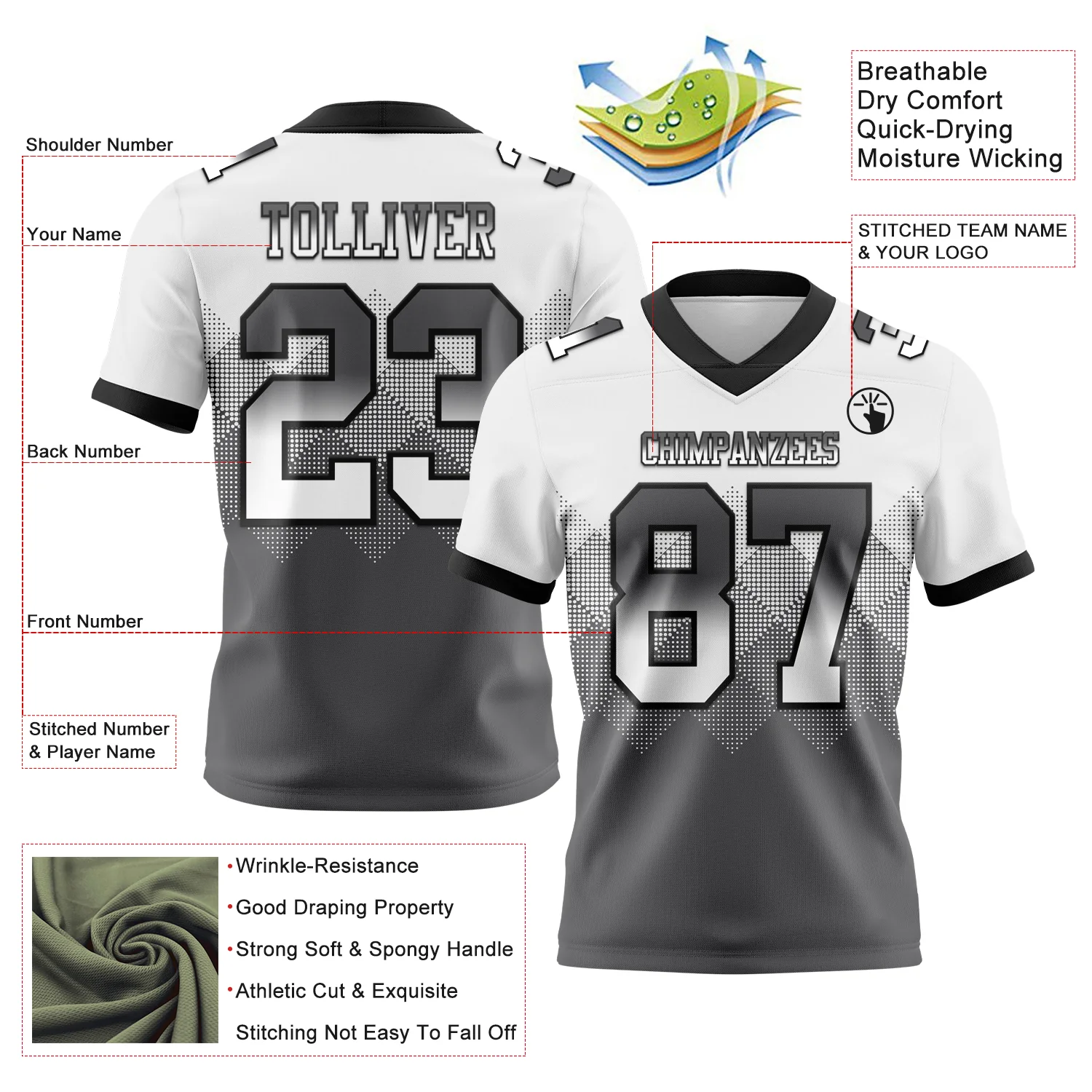 Custom White Steel Gray-Black Authentic Gradient Square Shape Flag Football Jersey - Image 2
