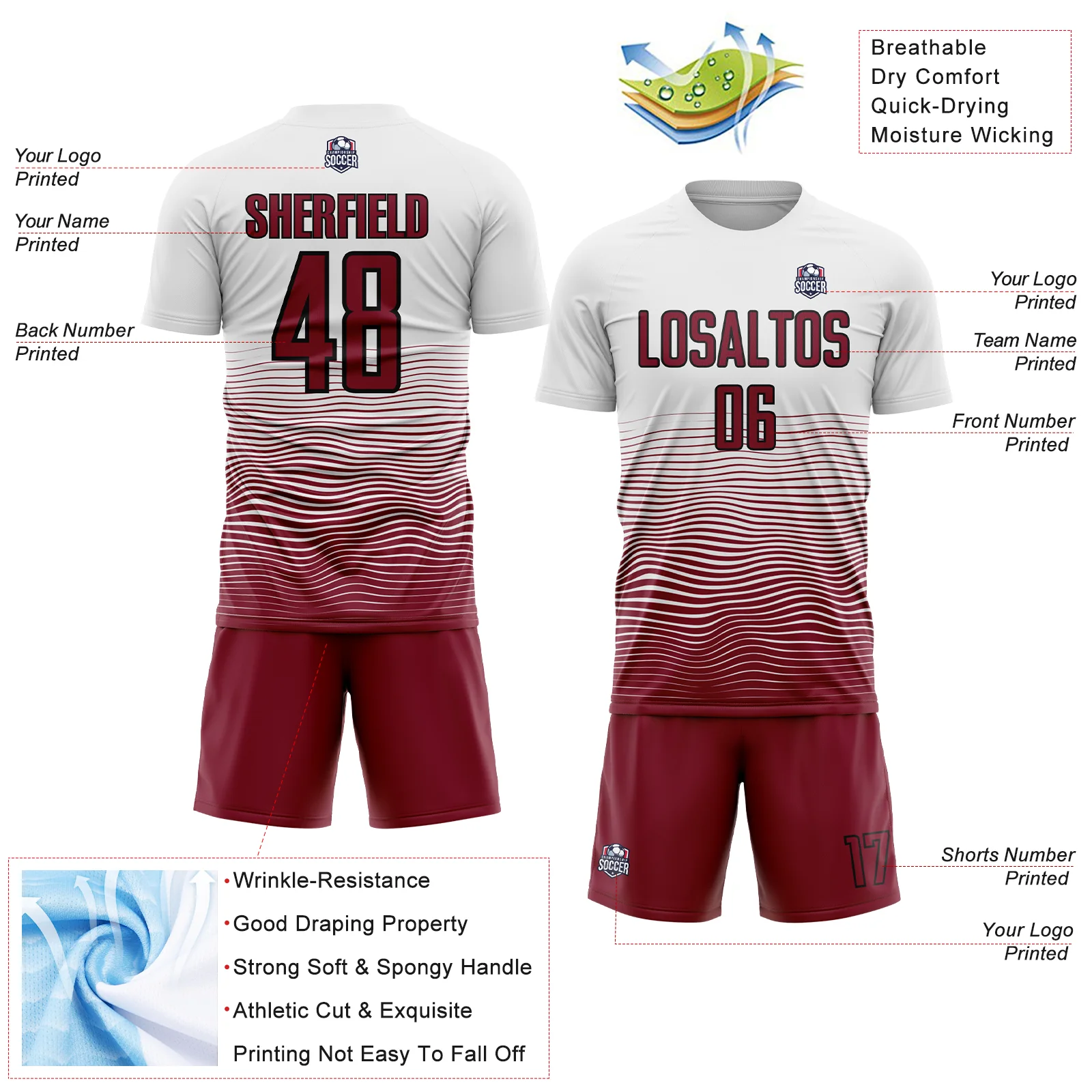 Custom White Crimson-Black Gradient Line Sublimation Soccer Uniform Jersey - Image 4