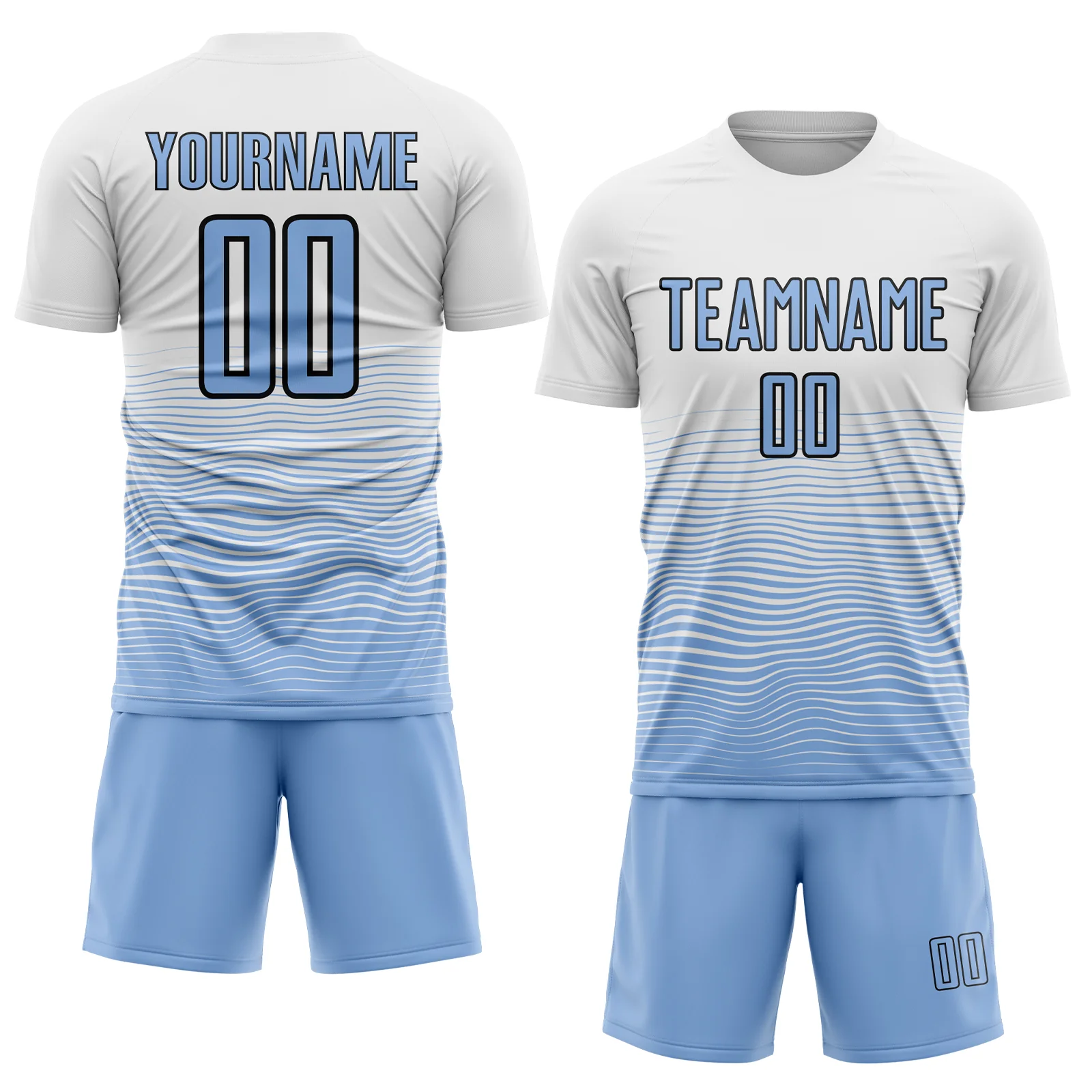 Custom White Light Blue-Black Gradient Line Sublimation Soccer Uniform Jersey - Image 2