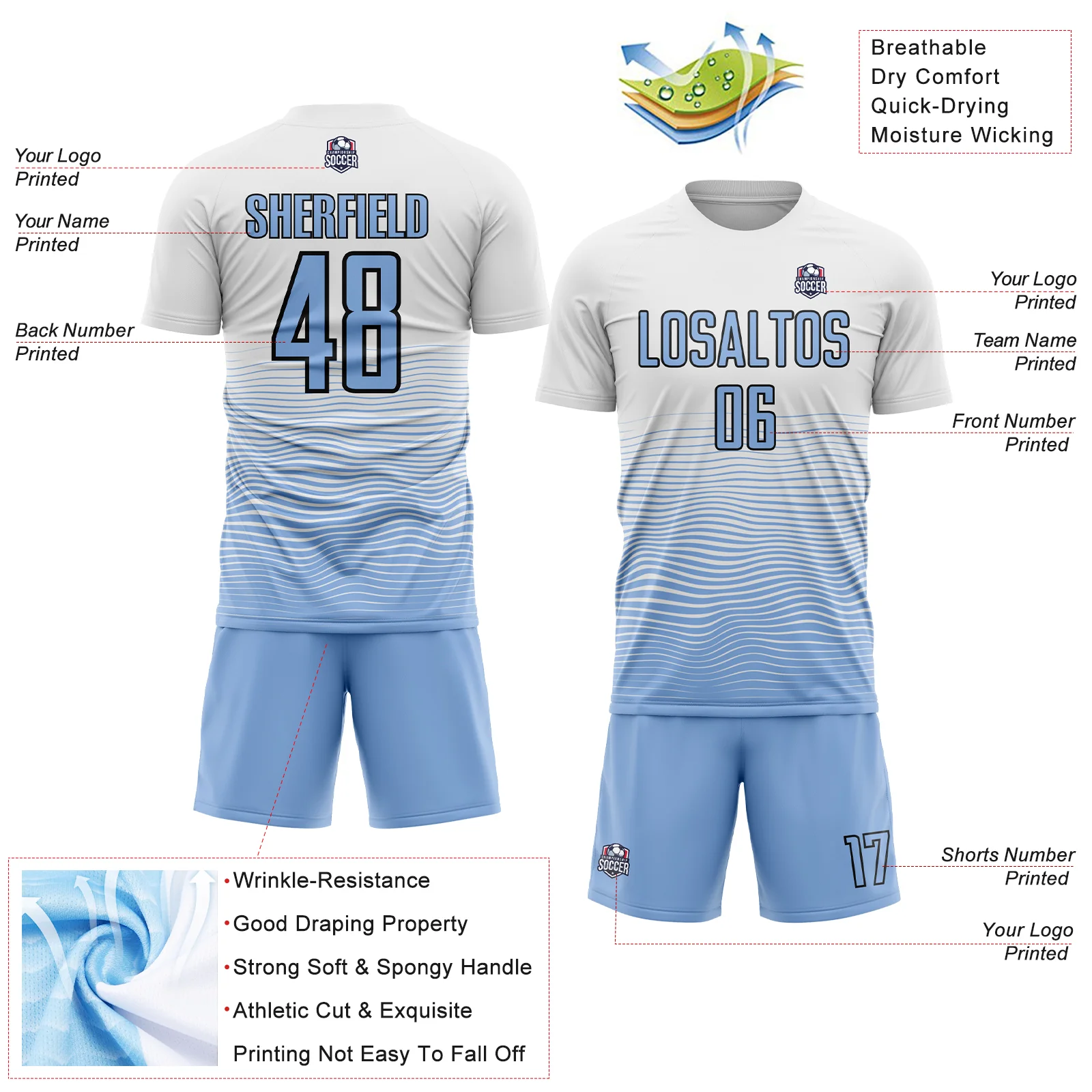 Custom White Light Blue-Black Gradient Line Sublimation Soccer Uniform Jersey - Image 4
